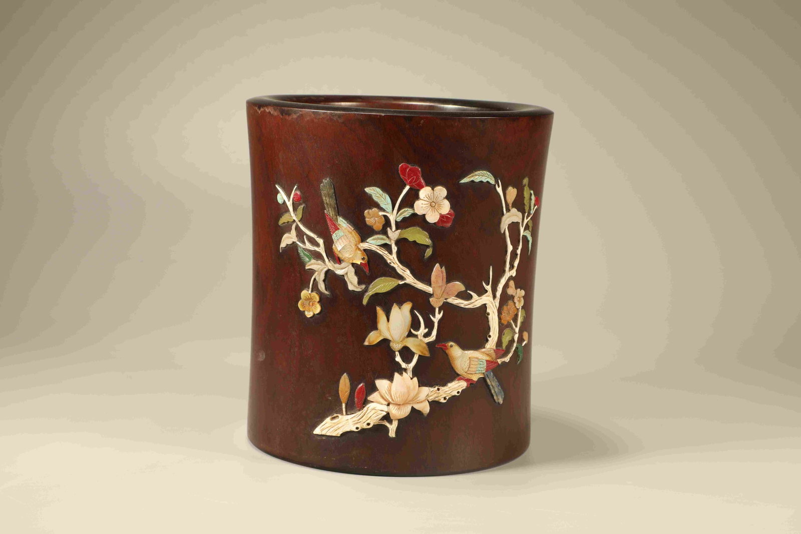 Huanghuali Wood Inlaid Multi GemStone Carved Flower and Bird Pattern Brush Pot: Huanghuali Wood Inlaid Multi GemStone Carved Flower and Bird Pattern Brush Pot (16 x 14cm)