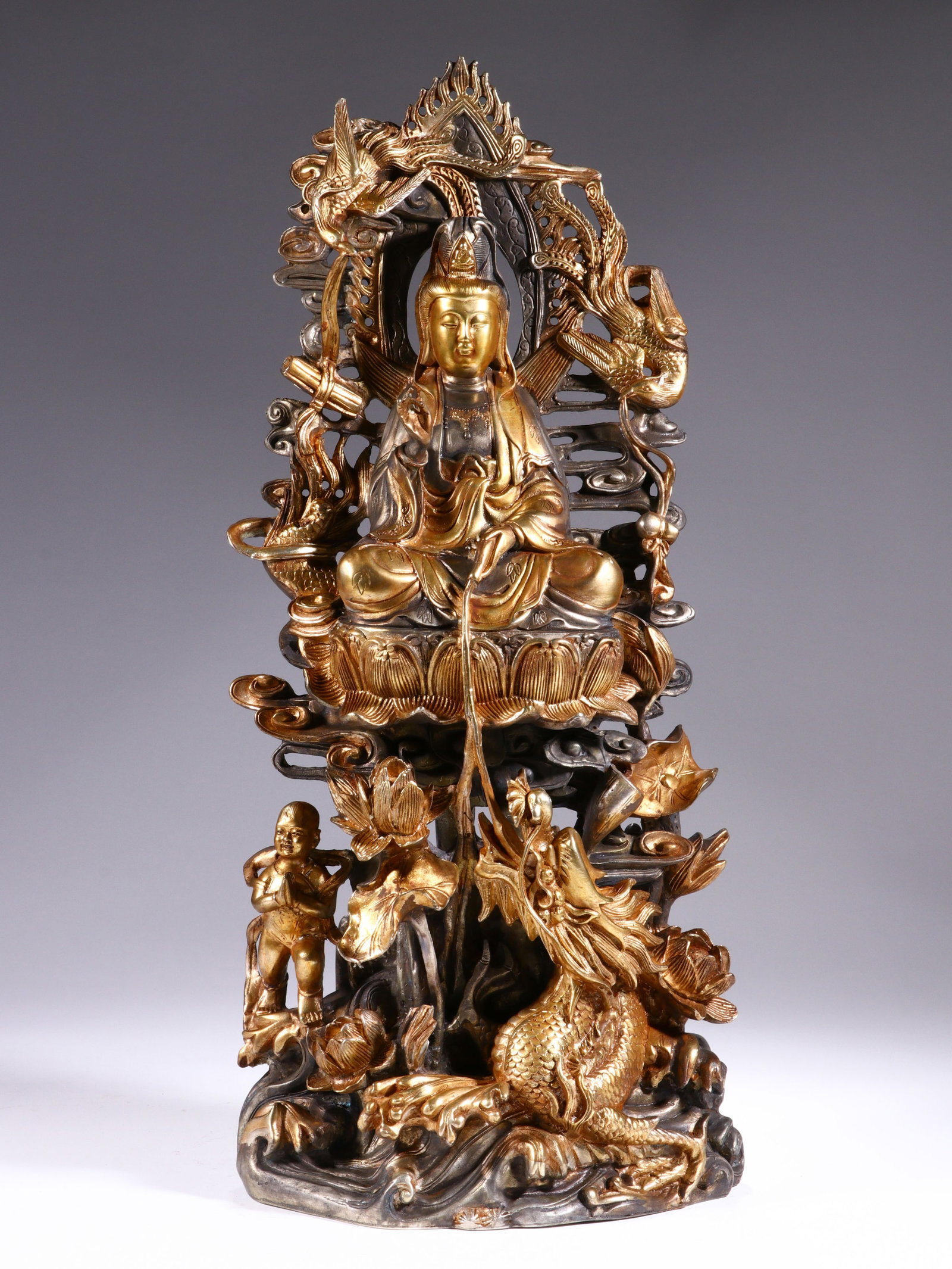 Silver Bronze GuanYin Figure: Silver Bronze GuanYin Figure (46 x 21cm)