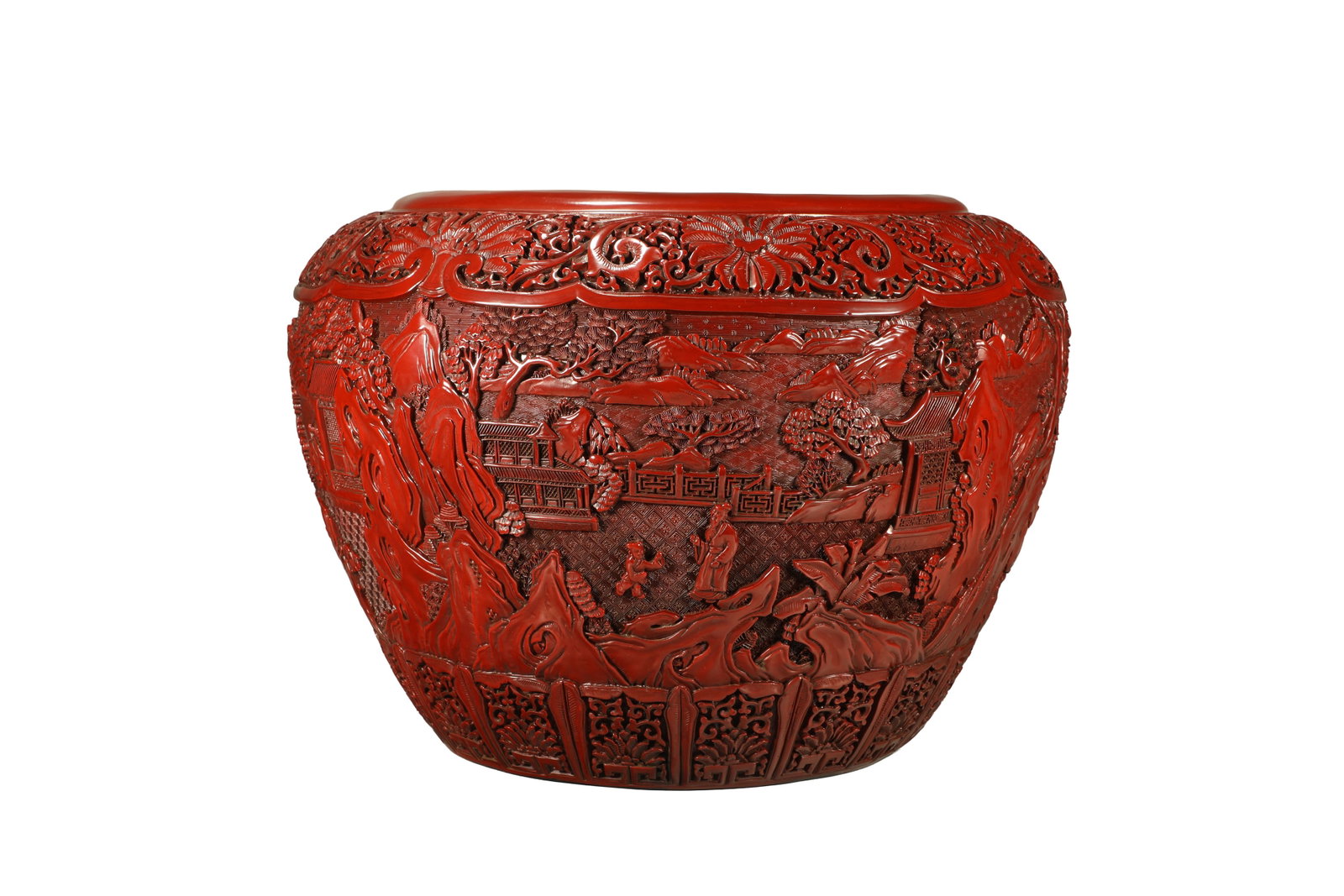 Lacquerware Red Carved Landscape and Character Story Pattern Pot: Lacquerware Red Carved Landscape and Character Story Pattern Pot (33.5 x 45cm)