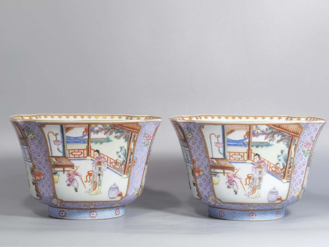 Pair of Famille Rose Character Story Pattern Porcelain Pot: Pair of Famille Rose Character Story Pattern Porcelain Pot (16.6 x 10.3cm)