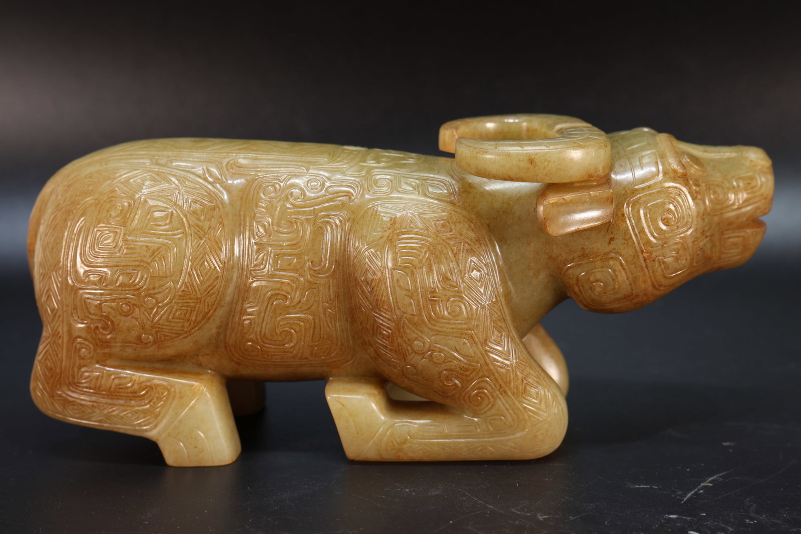 Jade Carved Beast Face Pattern Ox Shape Figure - 6