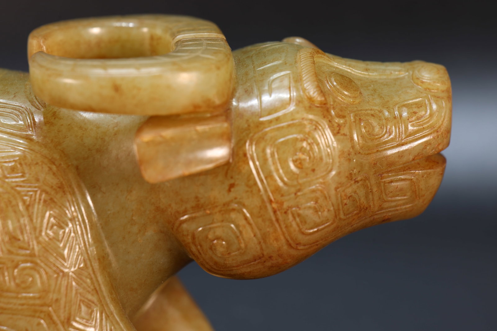 Jade Carved Beast Face Pattern Ox Shape Figure - 9