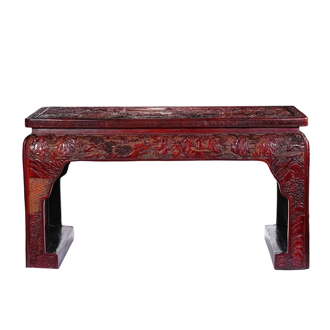 Lacquerware Red Carved Landscape and Character Story Pattern Table: Lacquerware Red Carved Landscape and Character Story Pattern Table (87 x 48 x 41cm)
