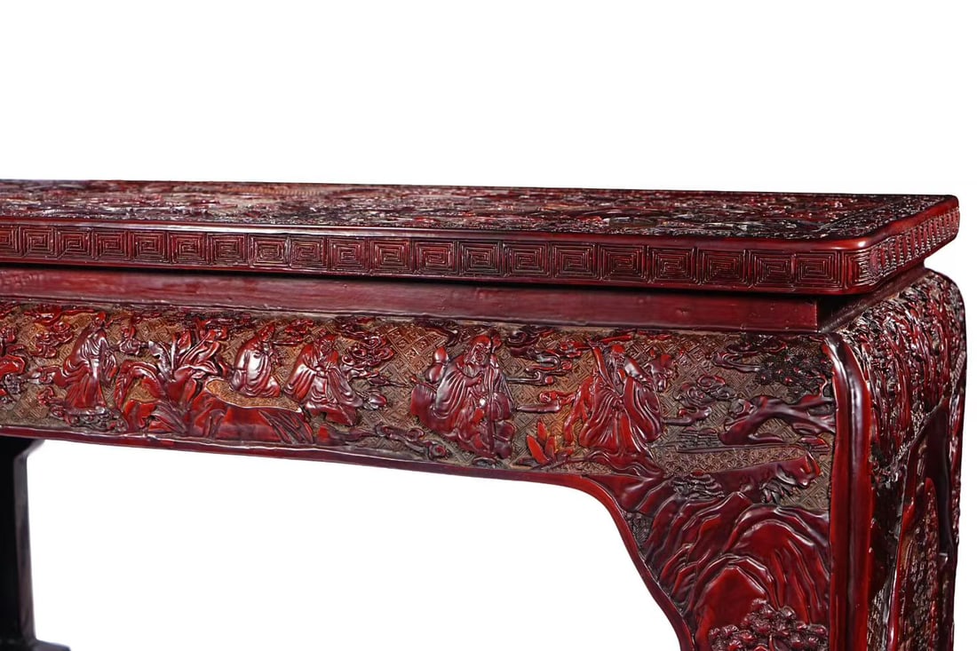 Lacquerware Red Carved Landscape and Character Story Pattern Table - 2