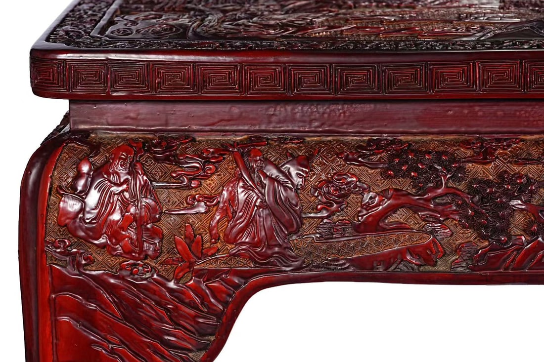 Lacquerware Red Carved Landscape and Character Story Pattern Table - 9