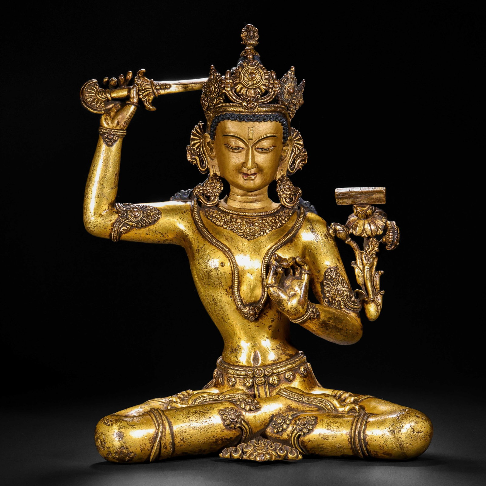 A Chinese Gilt-Bronze Figure of Manjushri: A Chinese Gilt-Bronze Figure of Manjushri (24 x 14 x 31cm,Weight 5550g)