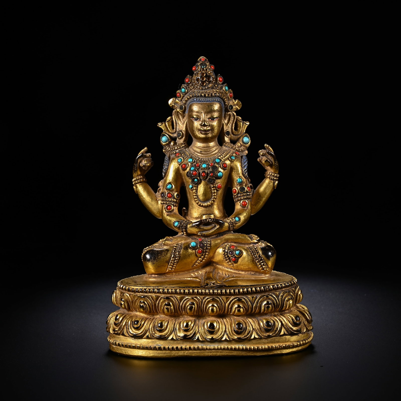 Gilt Bronze Four Armed GuanYin Figure: Gilt Bronze Four Armed GuanYin Figure (10.5 x 8.3cm)