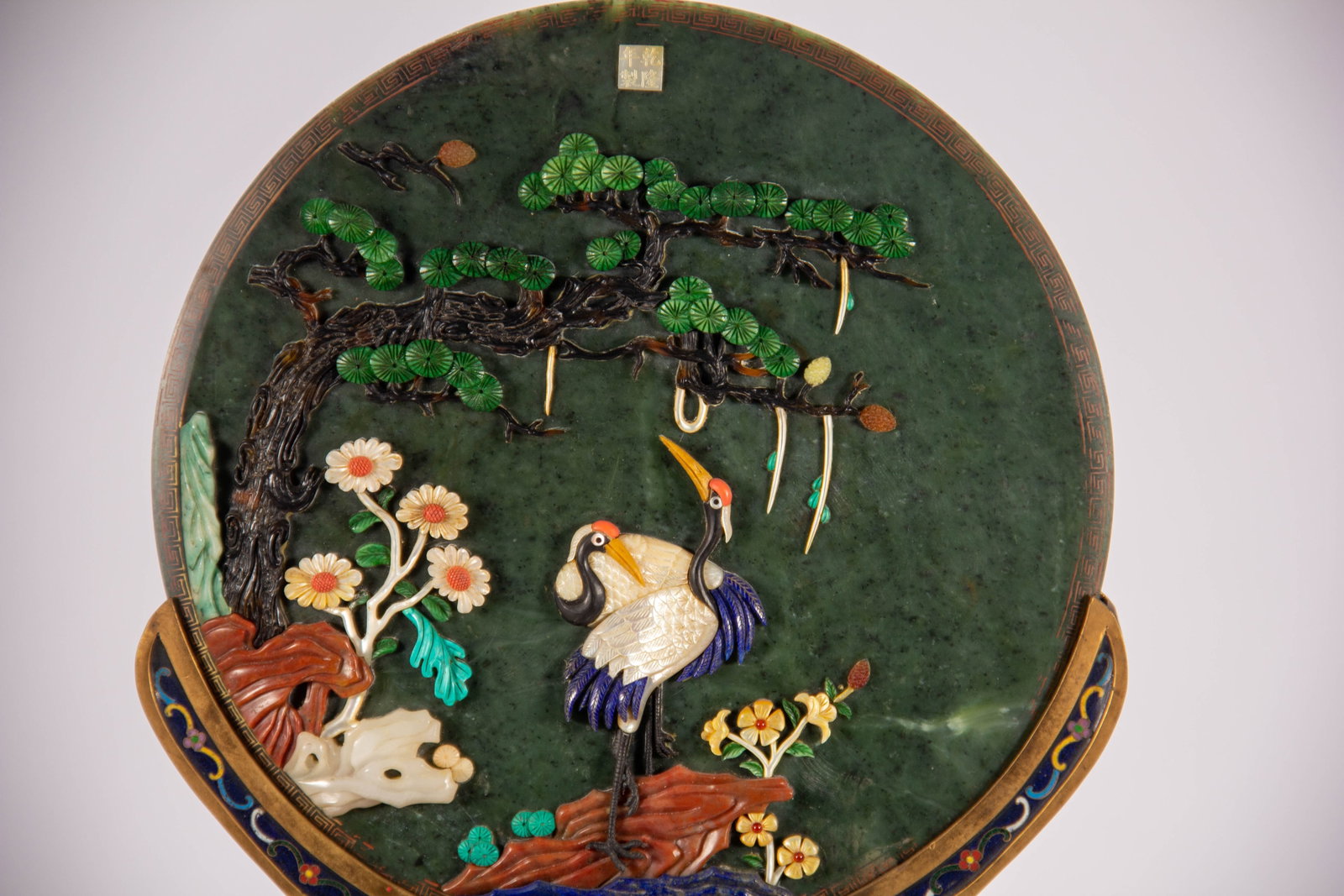 CHINESE CLOISONNE & JADE TABLE SCREEN - 2
