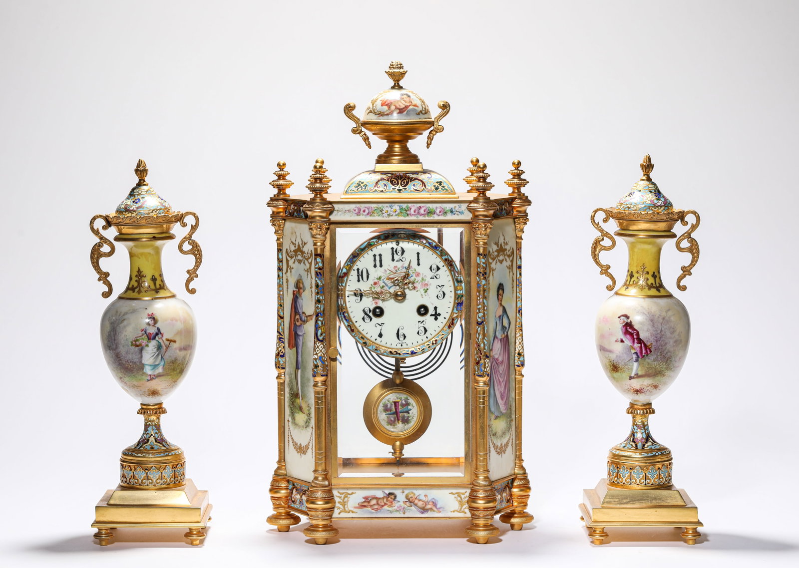 A GROUP OF GILT-BRONZE CLOISONN? ENAMEL AND PORCELAIN MANTEL CLOCK AND CANDLEHOLDERS (1 of 12)