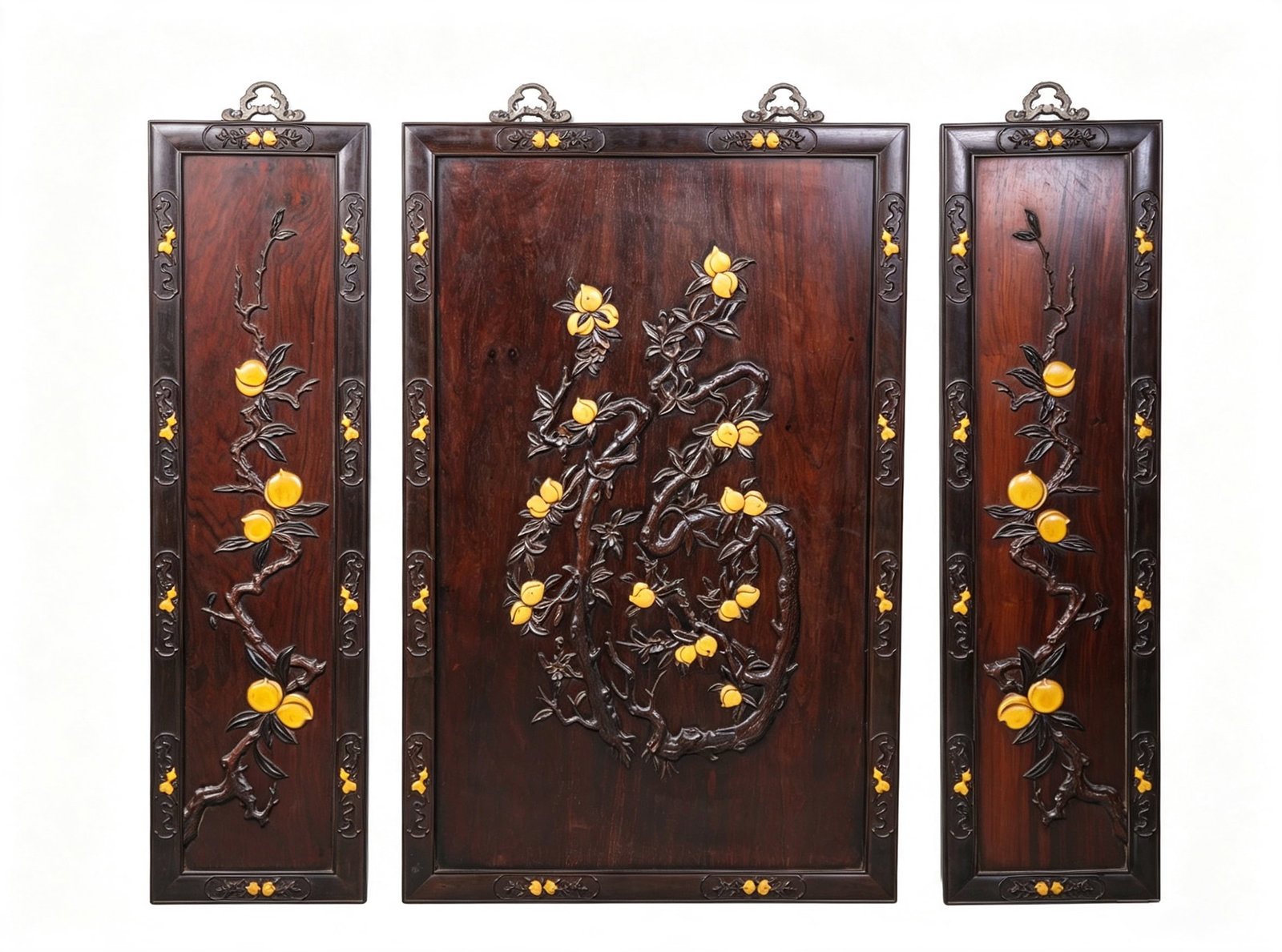 A GROUP OF WOOD 'BAT AND SHOU' HANGING PANELS (1 of 7)