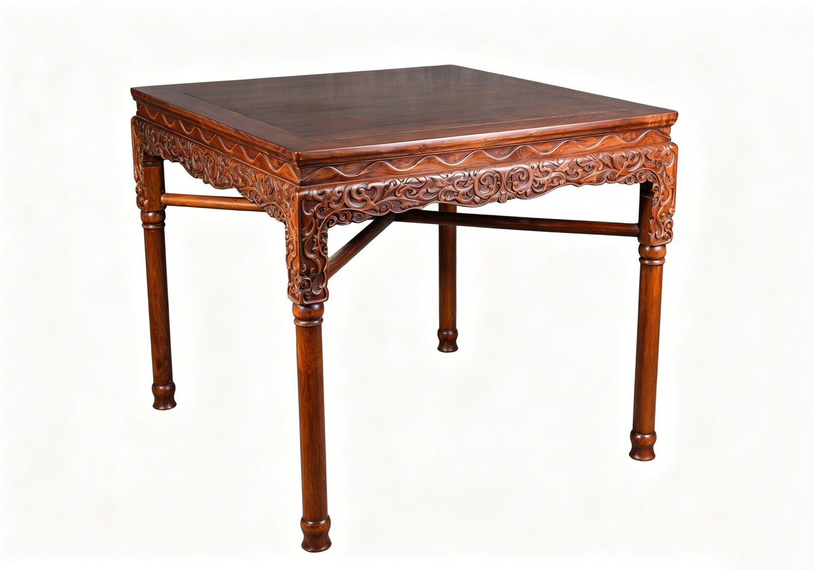 A WOOD SQUARE TABLE: A WOOD SQUARE TABLE Description: Dimensions: Width: 89.8 cm x Height: 80 cm. All measurements are approximate.