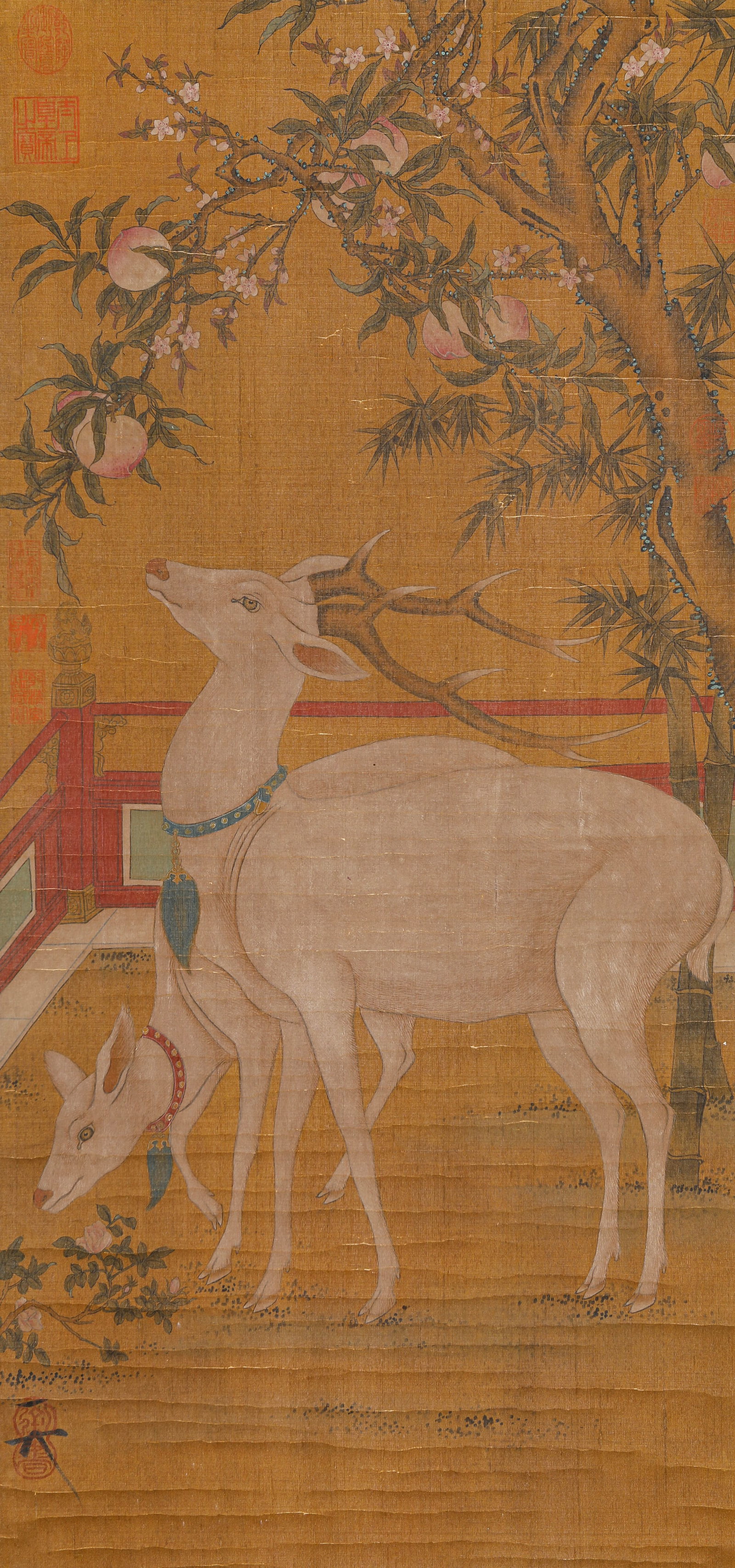 EMPEROR HUIZONG (1082-1135), ATTRIBUTED TO, AUSPICIOUS DEER IN THE IMPERIAL GARDEN: EMPEROR HUIZONG (1082-1135), ATTRIBUTED TO, AUSPICIOUS DEER IN THE IMPERIAL GARDEN Description: Dimensions: Width: 48.5 cm x Height: 103 cm. All measurements are approximate.