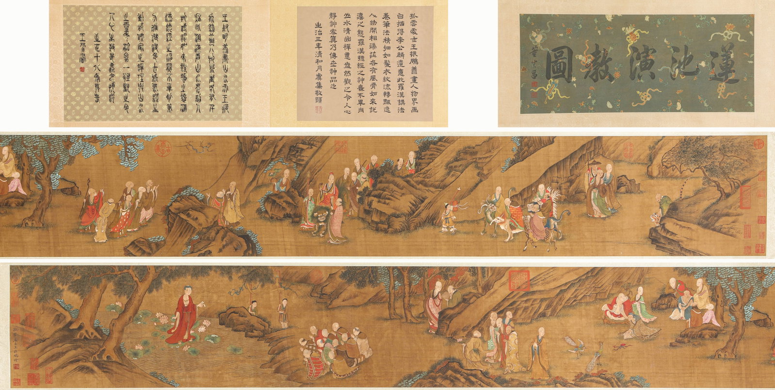 WANG ZHENPENG (ACT. 14TH CENTURY), ATTRIBUTED TO, EXPOUNDING THE DHARMA AT LOTUS POND HANDSCROLL: WANG ZHENPENG (ACT. 14TH CENTURY), ATTRIBUTED TO, EXPOUNDING THE DHARMA AT LOTUS POND HANDSCROLL Description: Dimensions: Width: 610 cm x Height: 37.3 cm. All measurements are approximate.