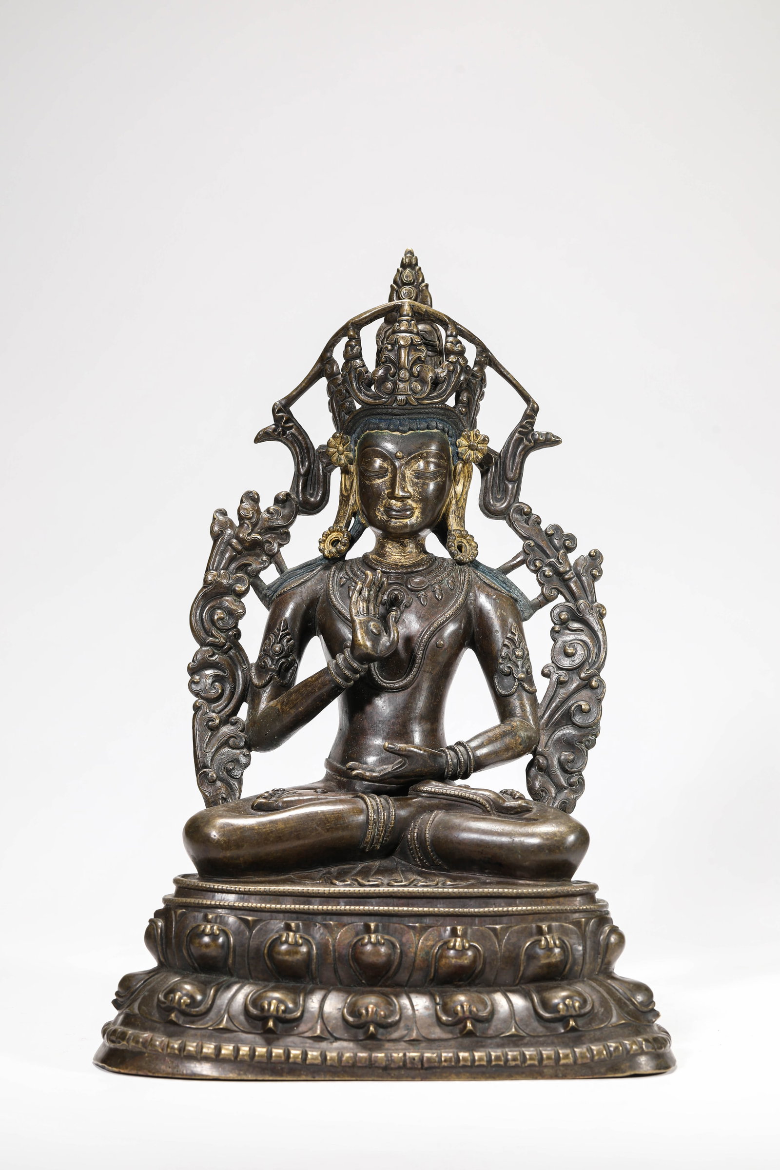 A 'LADAKH-STYLE' ALLOY BRONZE FIGURE OF AMOGHASIDDHI: A 'LADAKH-STYLE' ALLOY BRONZE FIGURE OF AMOGHASIDDHI Description: Dimensions: Weight: 5000 g. Length: 23.1 cm x Width: 14 cm x Height: 33 cm. All measurements are approximate.