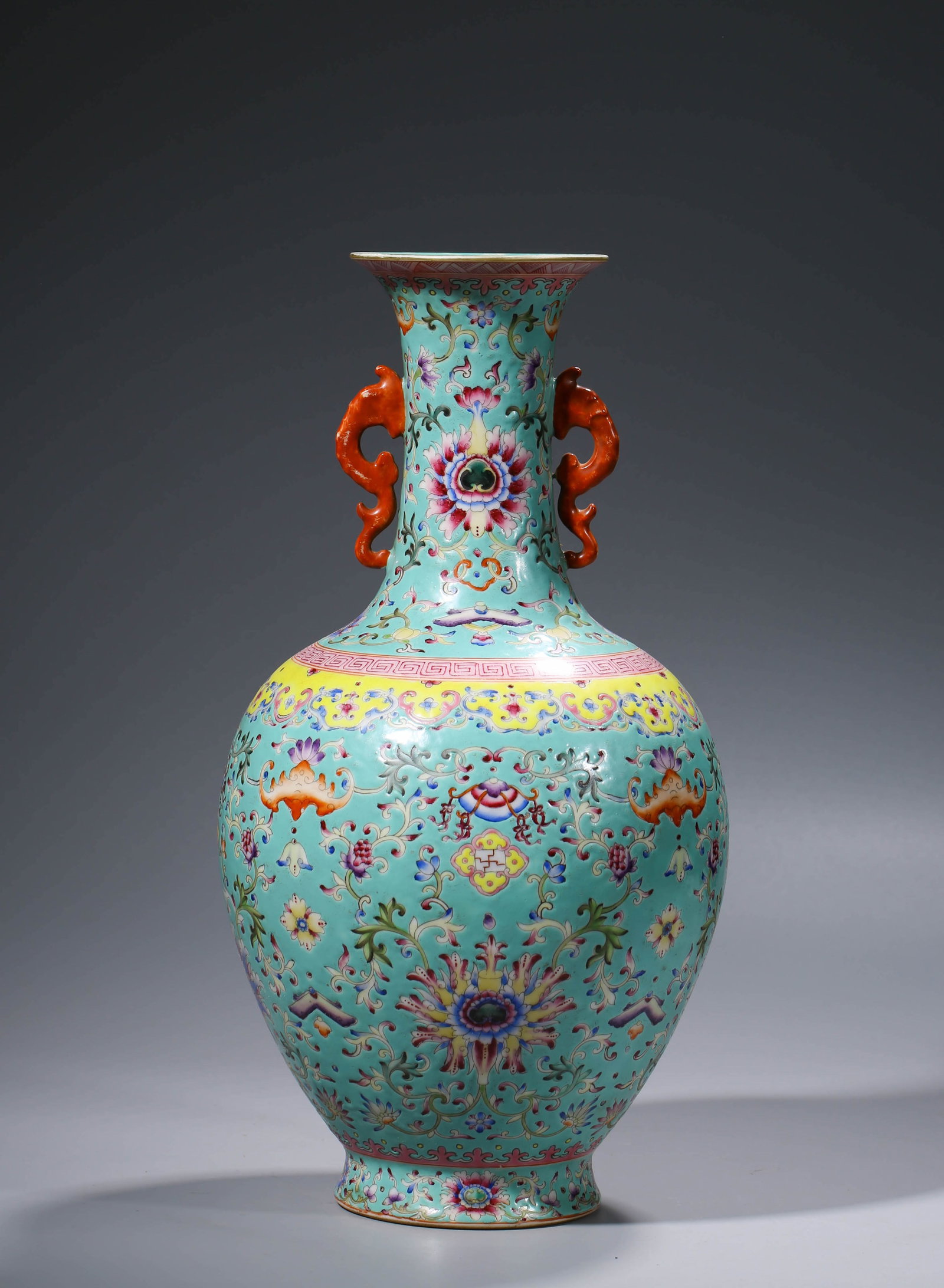 A FAMILLE-ROSE 'TURQUOISE-GREEN FLORAL' VASE: A FAMILLE-ROSE 'TURQUOISE-GREEN FLORAL' VASE Description: Dimensions: Width: 20.5 cm x Height: 38.3 cm. All measurements are approximate.