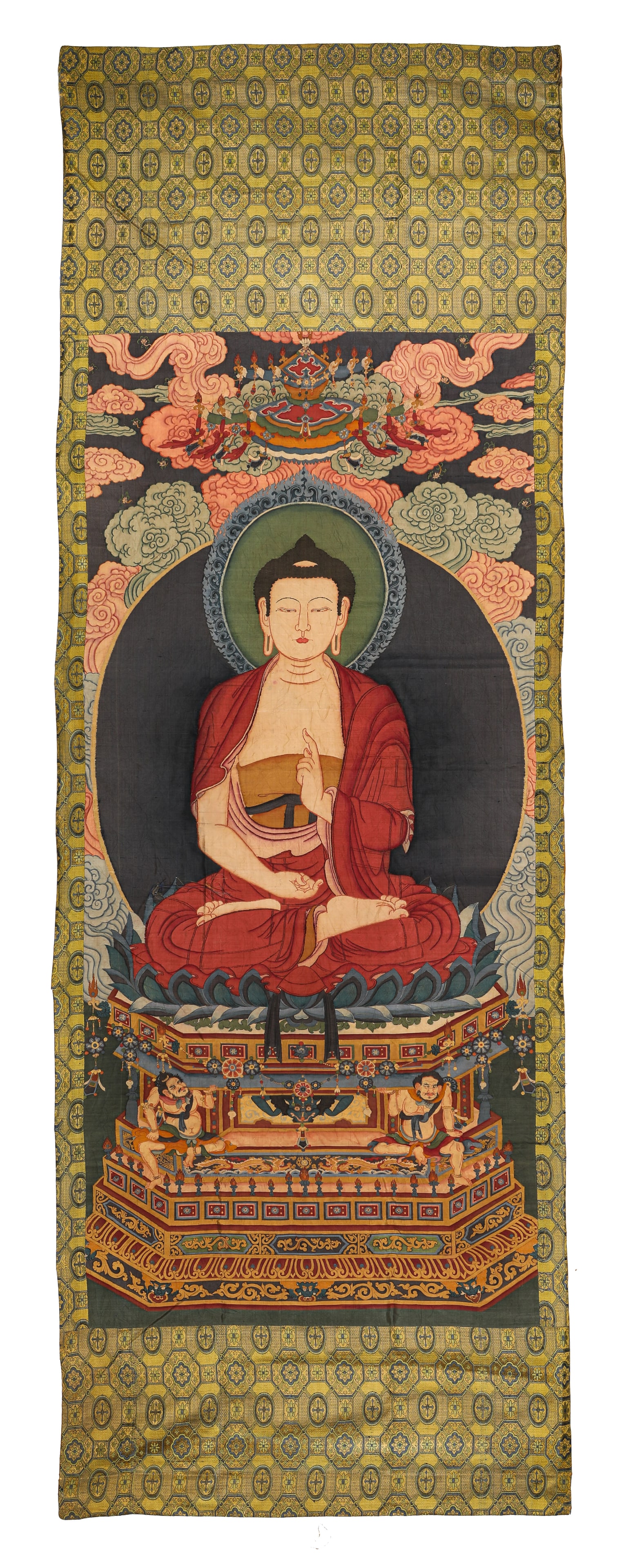 A SILK 'KESI' TAPESTRY OF SHAKYAMUNI: A SILK 'KESI' TAPESTRY OF SHAKYAMUNI Description: Dimensions: Width: 103 cm x Height: 293 cm. All measurements are approximate.