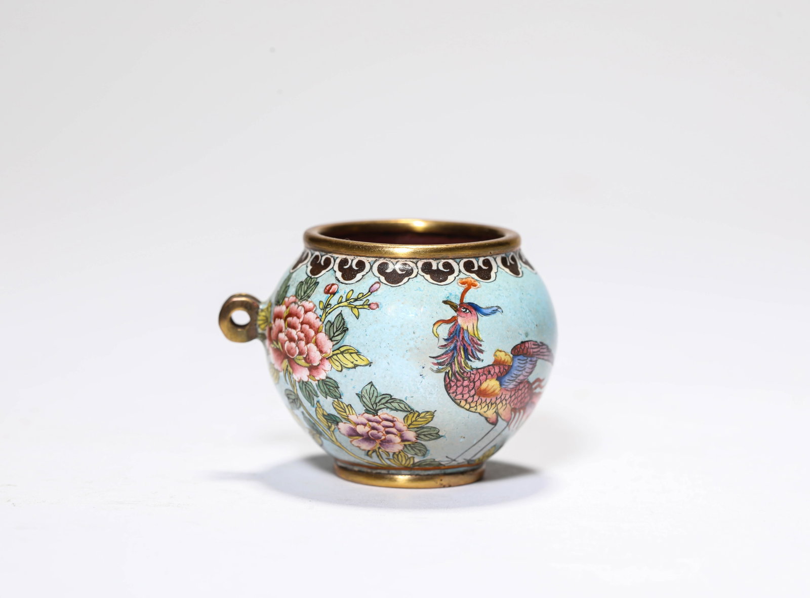 A COPPER PAINTED ENAMEL 'FLOWERS AND BIRDS' BIRD FEEDER (1 of 5)