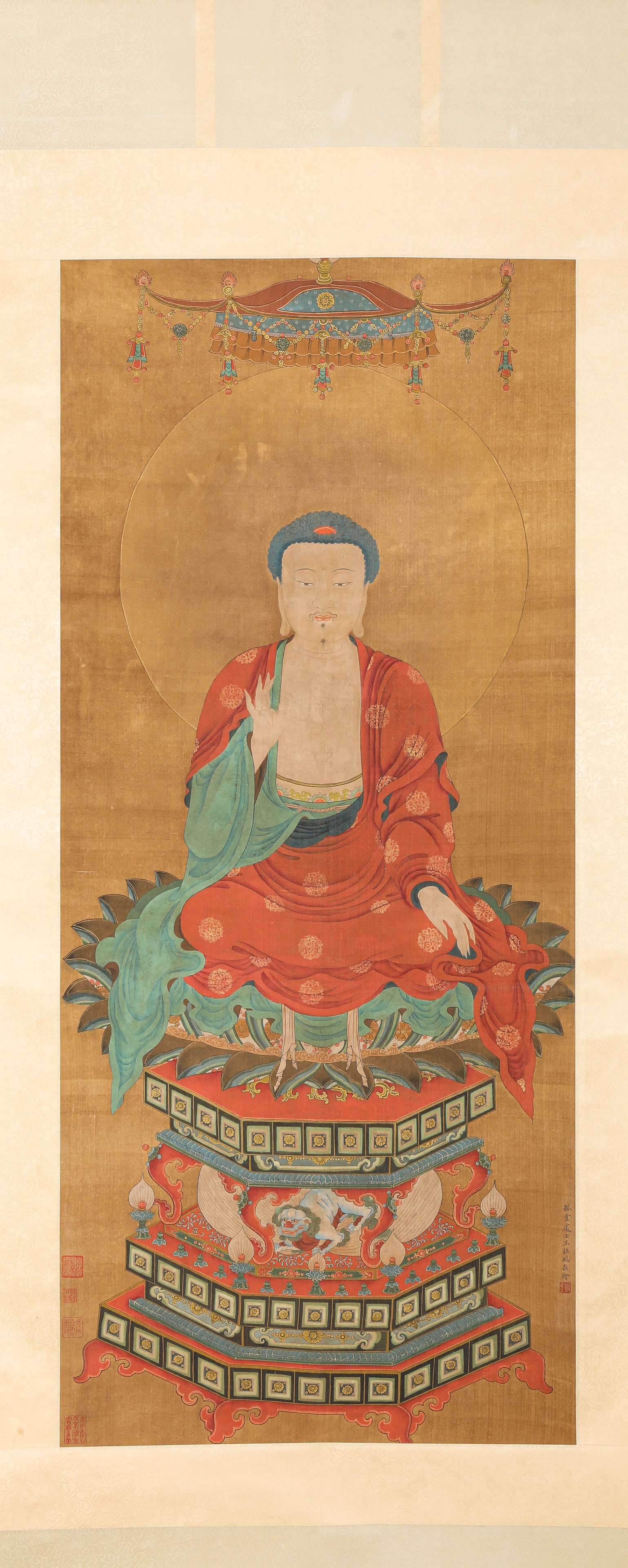WANG ZHENPENG (ACT. 14TH CENTURY), ATTRIBUTED TO, BUDDHA: WANG ZHENPENG (ACT. 14TH CENTURY), ATTRIBUTED TO, BUDDHA Description: Dimensions: Width: 68 cm x Height: 156 cm. All measurements are approximate.