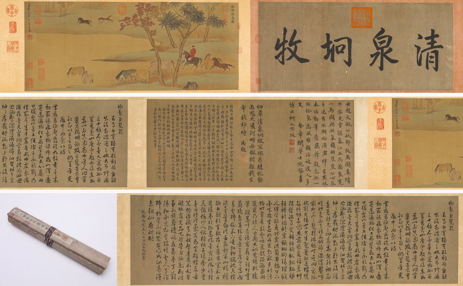 ZHAO MENGFU (1254-1322), ATTRIBUTED TO, WATERING HORSES HANDSCROLL: ZHAO MENGFU (1254-1322), ATTRIBUTED TO, WATERING HORSES HANDSCROLL Description: Dimensions: Width: 420 cm x Height: 37 cm. All measurements are approximate.