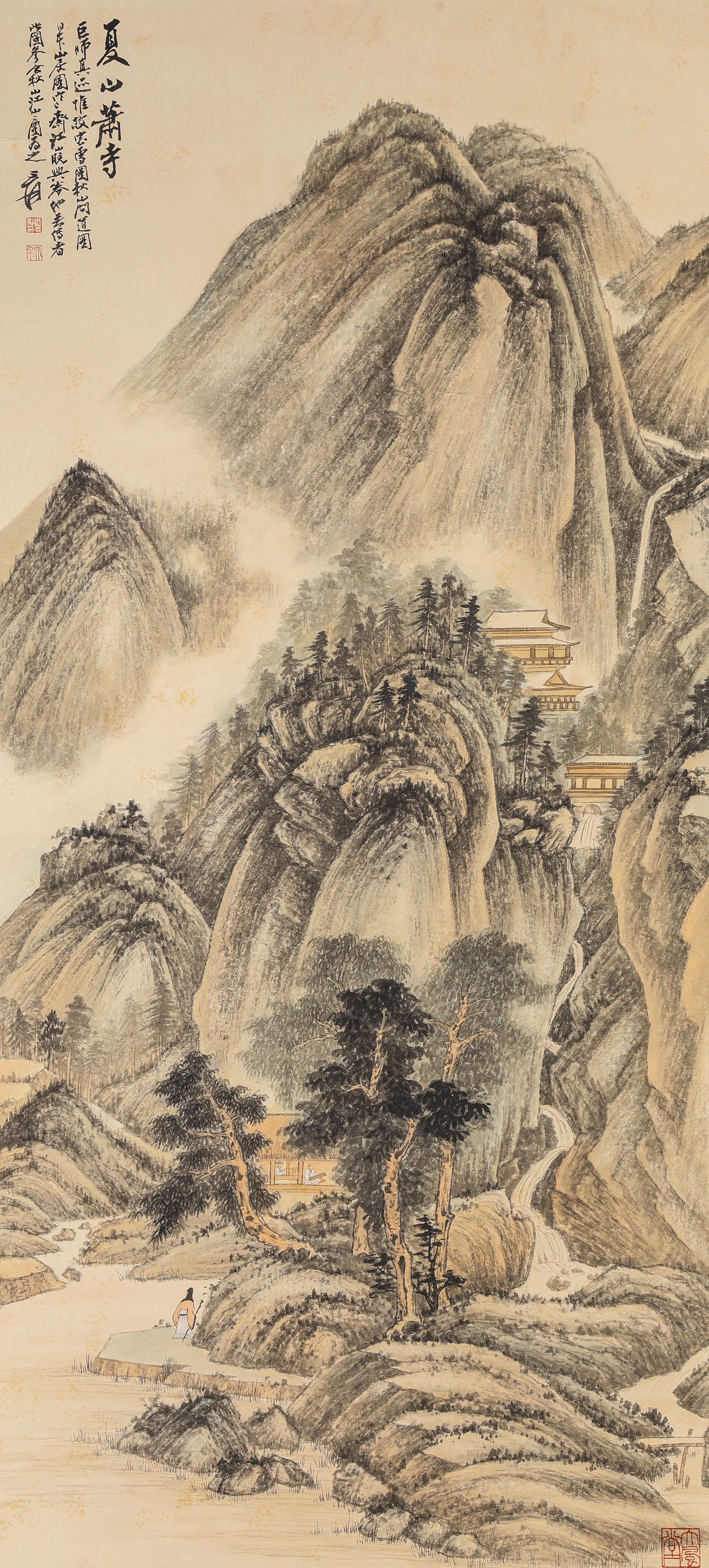 ZHANG DAQIAN (1899-1983), ATTRIBUTED TO, SUMMER MOUNTAINS AND DESOLATE TEMPLE: ZHANG DAQIAN (1899-1983), ATTRIBUTED TO, SUMMER MOUNTAINS AND DESOLATE TEMPLE Description: Dimensions: Width: 56 cm x Height: 120 cm. All measurements are approximate.