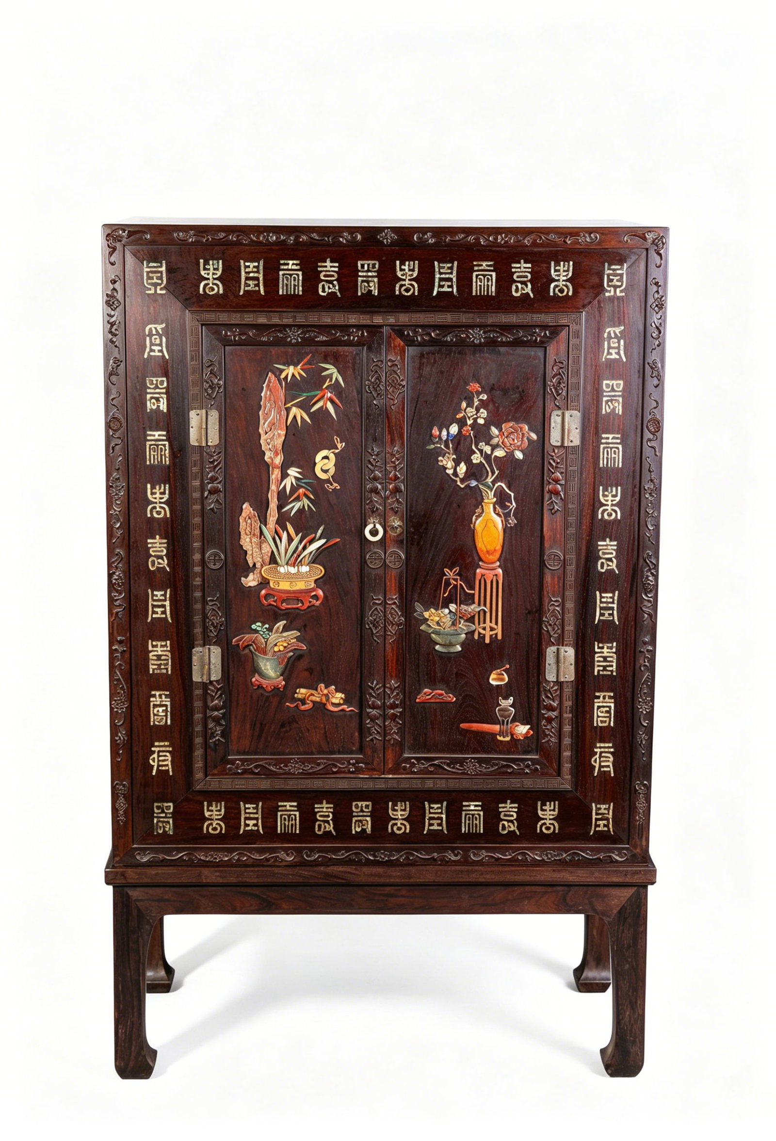 A WOOD AND 'HUNDRED TREASURES'-INLAID 'ANTIQUITIES' CABINET (1 of 7)