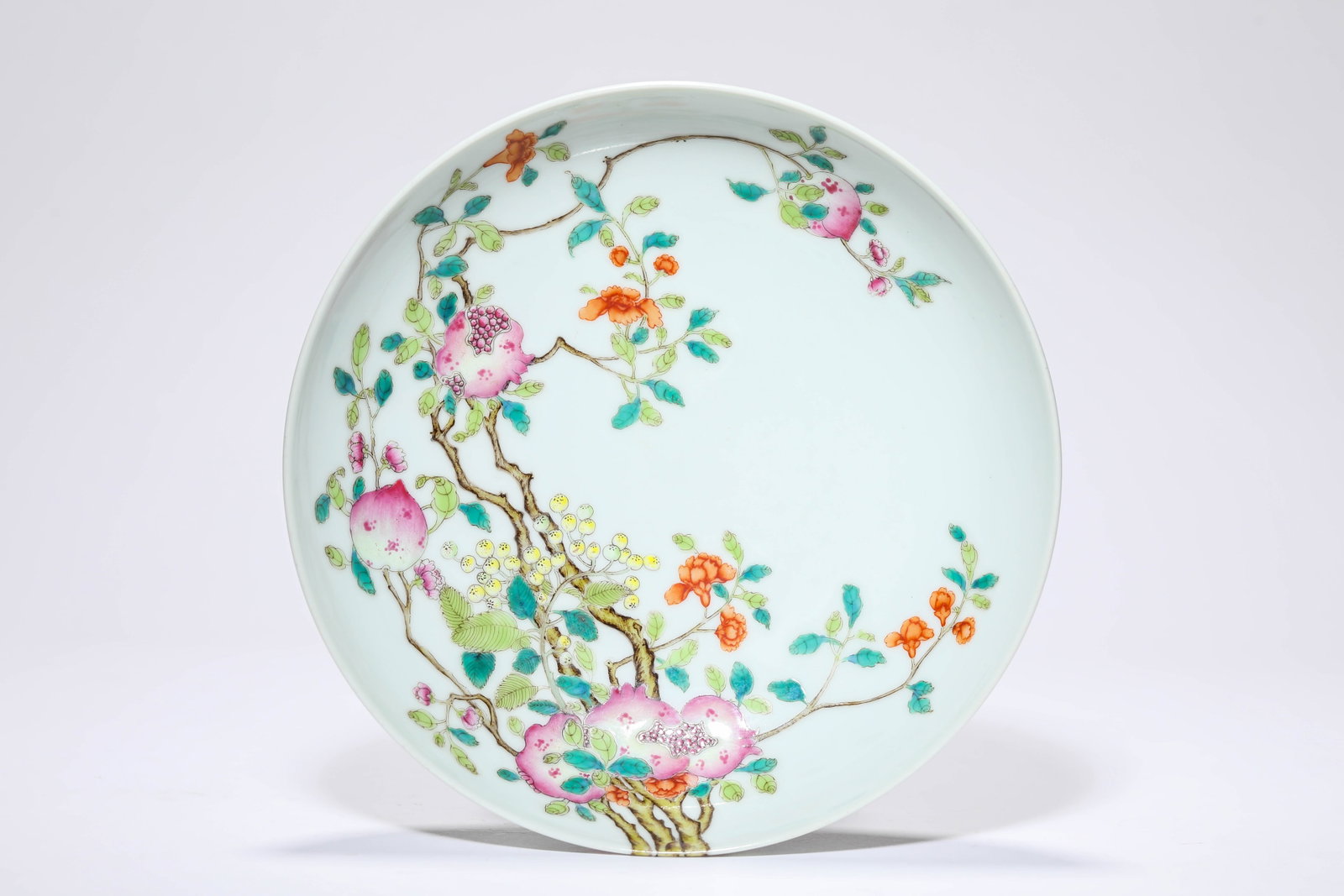 A FAMILLE-ROSE 'SEEDS AND LONGEVITY' DISH: A FAMILLE-ROSE 'SEEDS AND LONGEVITY' DISH Description: Dimensions: Width: 17.4 cm x Height: 4.2 cm. All measurements are approximate.