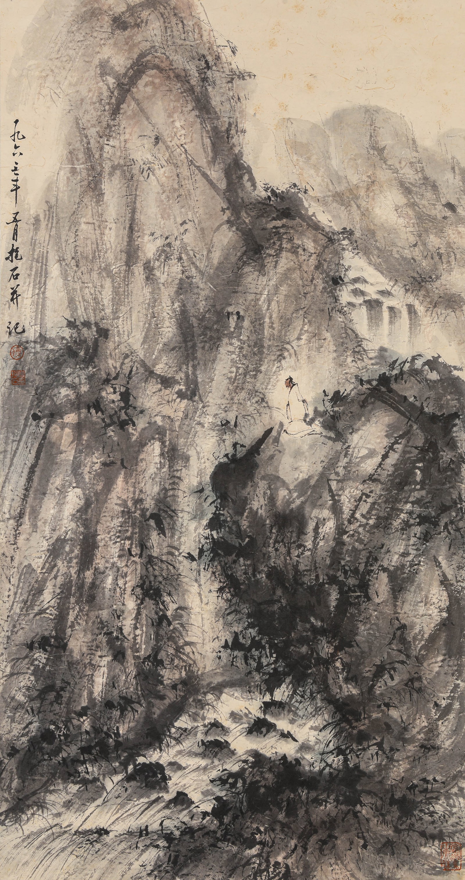 FU BAOSHI (1904-1965), ATTRIBUTED TO, VIEWING THE WATERFALL: FU BAOSHI (1904-1965), ATTRIBUTED TO, VIEWING THE WATERFALL Description: Dimensions: Width: 54 cm x Height: 100 cm. All measurements are approximate.