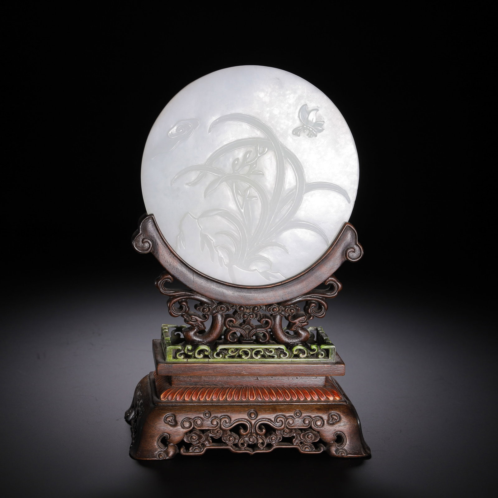 A CARVED WHITE JADE ORCHID TABLE SCREEN (1 of 9)