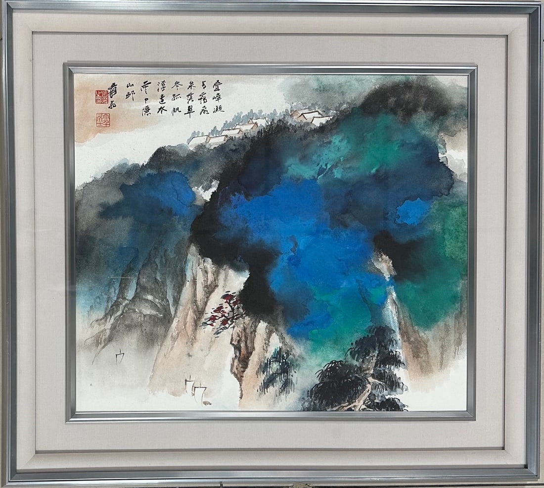 Chinese Drawing Colored Landscape Painting Wood Frame,Zhang Daqian Mark: Chinese Drawing Colored Landscape Painting Wood Frame,Zhang Daqian Mark (53 x 45cm)