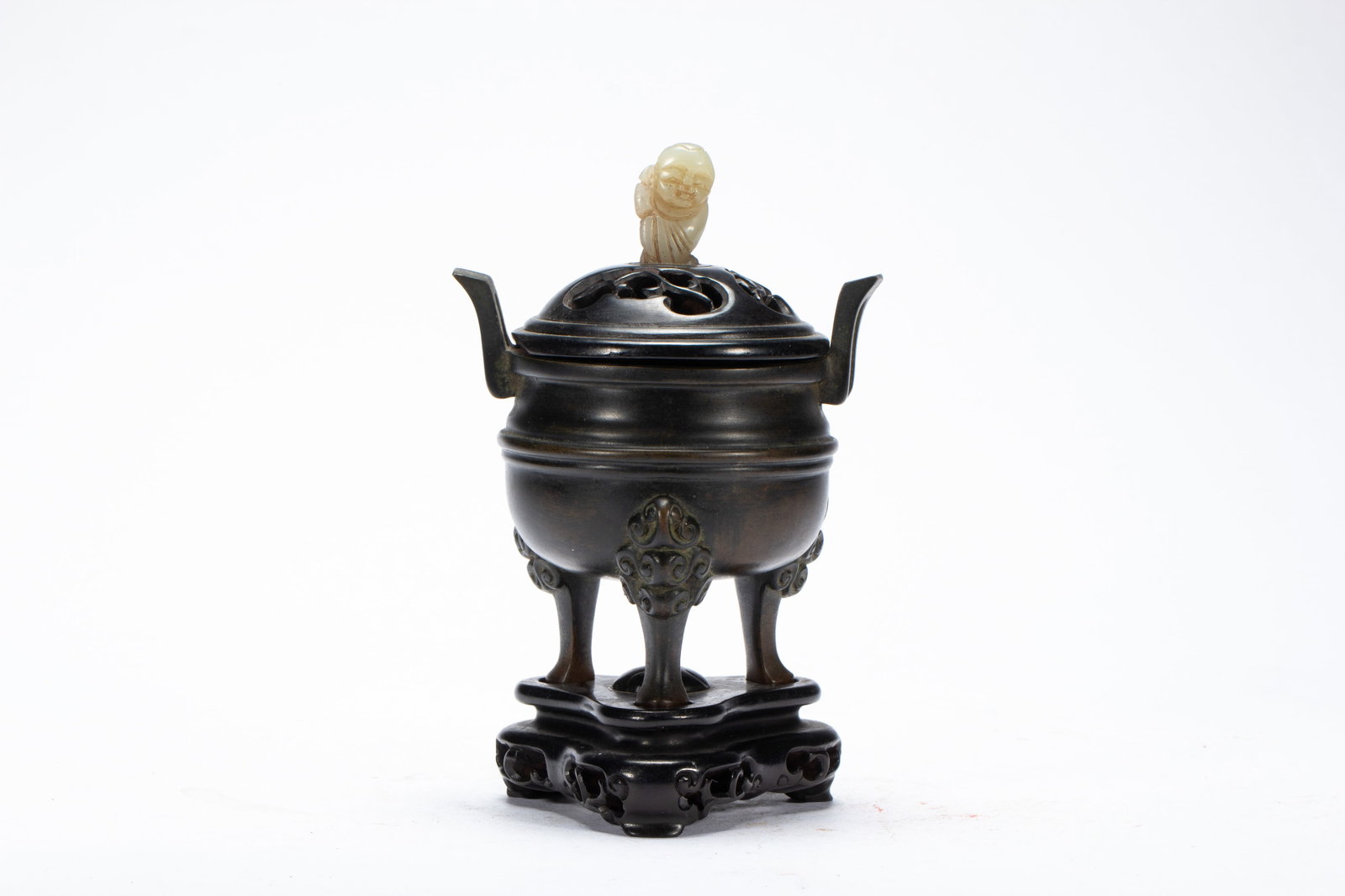 A Chinese Tripod Bronze Censer with Jade Finial: A Chinese Tripod Bronze Censer with Jade Finial (10.5 x 8 x 17cm,Weight 860 grams)
