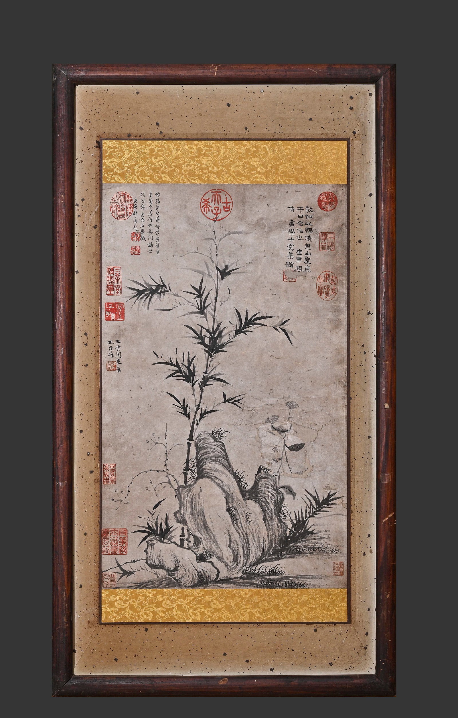 Chinese Drawing Bamboo and Stone Painting Wood Frame,Ke Jiusi Mark: Chinese Drawing Bamboo and Stone Painting Wood Frame,Ke Jiusi Mark (49 x 93cm)