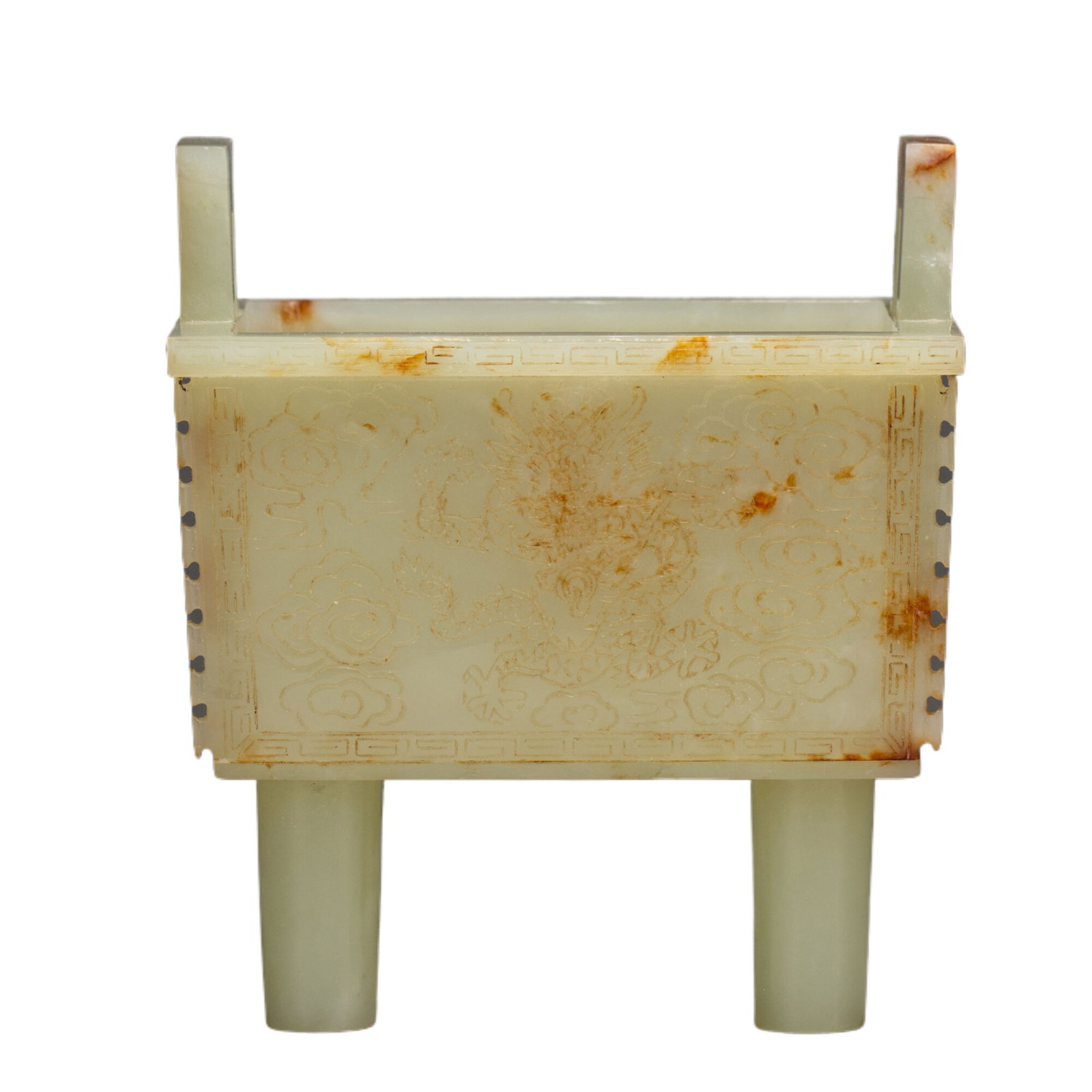 A Chinese Hetian Jade Rectangular Ding Censer: A Chinese Hetian Jade Rectangular Ding Censer (11 x 8.2 x 12.5cm,Weight 430 grams)