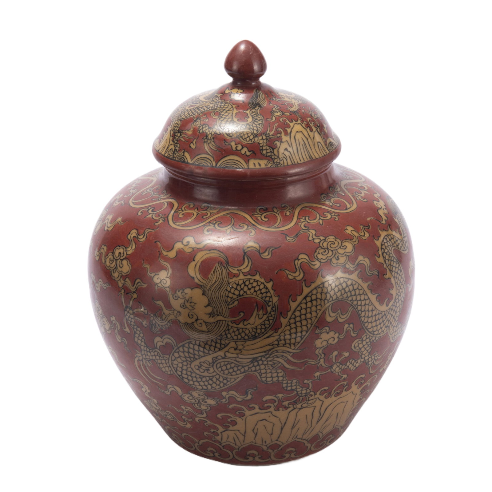 A CHINESE IRON RED AND YELLOW ENAMELED DRAGON JAR WITH COVER (1 of 9)