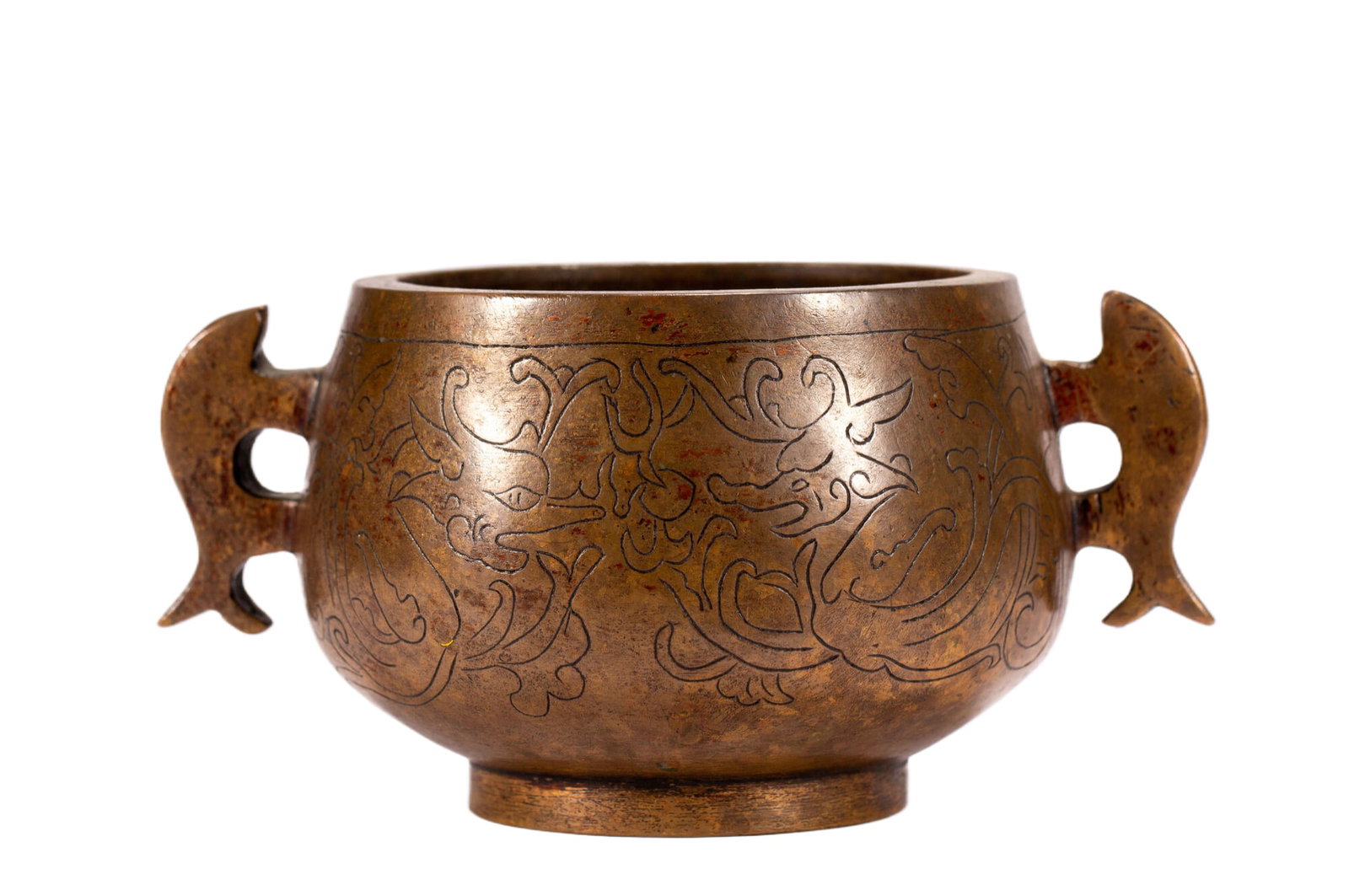 A Chinese Bronze Censer with Fish Handles: A Chinese Bronze Censer with Fish Handles (18.5 x 12.5 x 10cm,Weight 1880 grams)