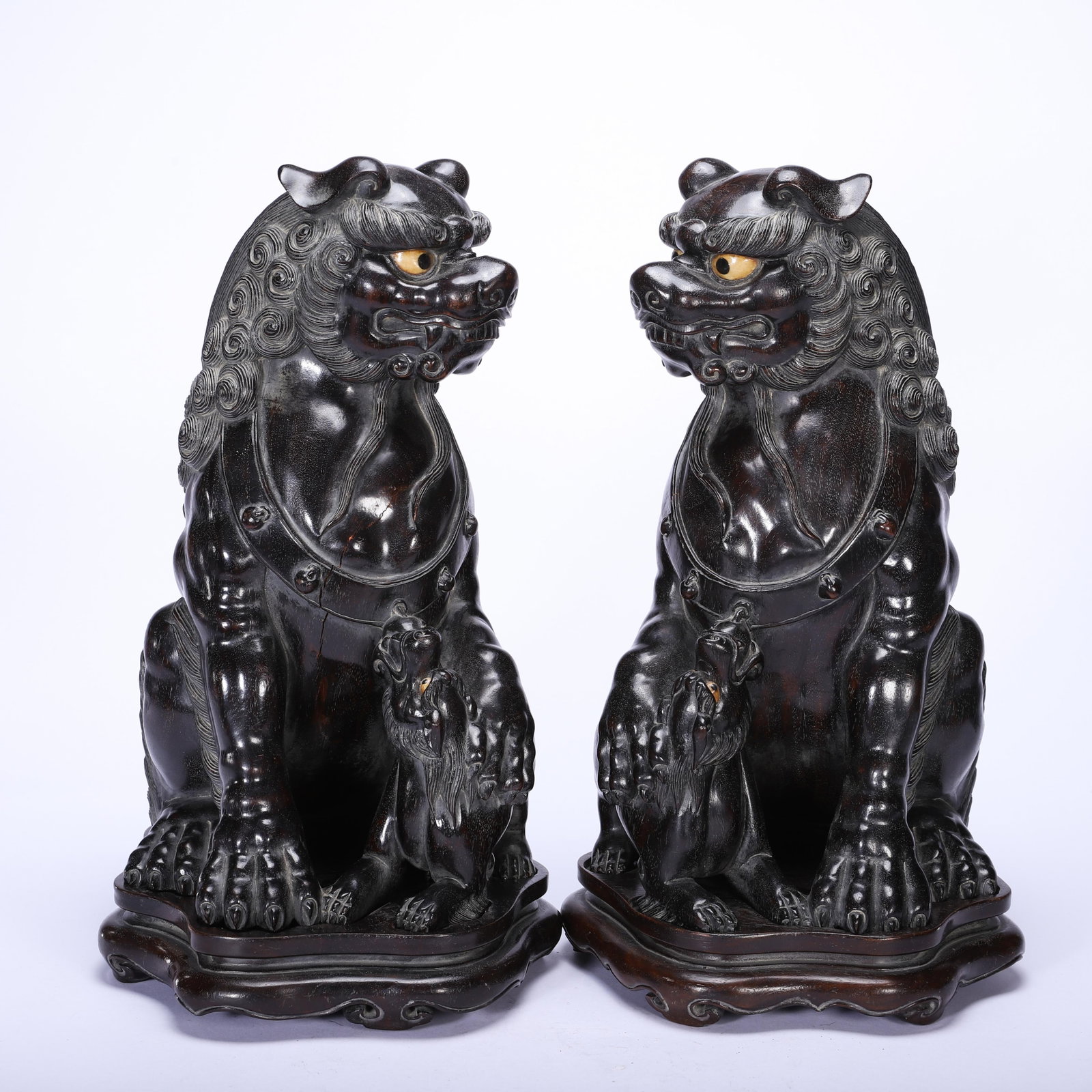 PAIR CARVED ROSEWOOD ZITAN BUDDHIST LIONS (1 of 9)