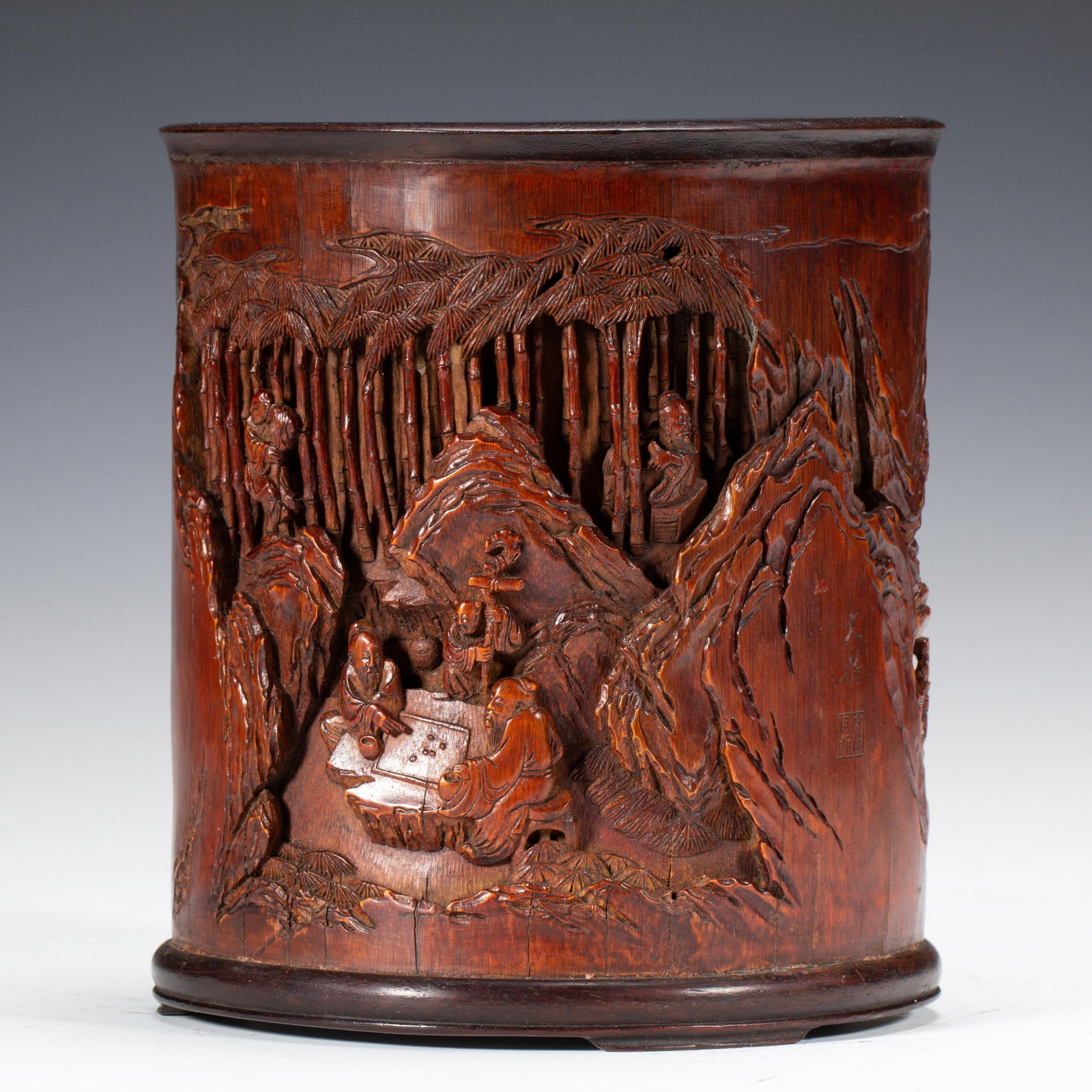Bamboo - carved Brush Pot with Mountain - forest Gathering Scene: Bamboo - carved Brush Pot with Mountain - forest Gathering Scene (15 x 15 x 17cm,Weight 680 grams)