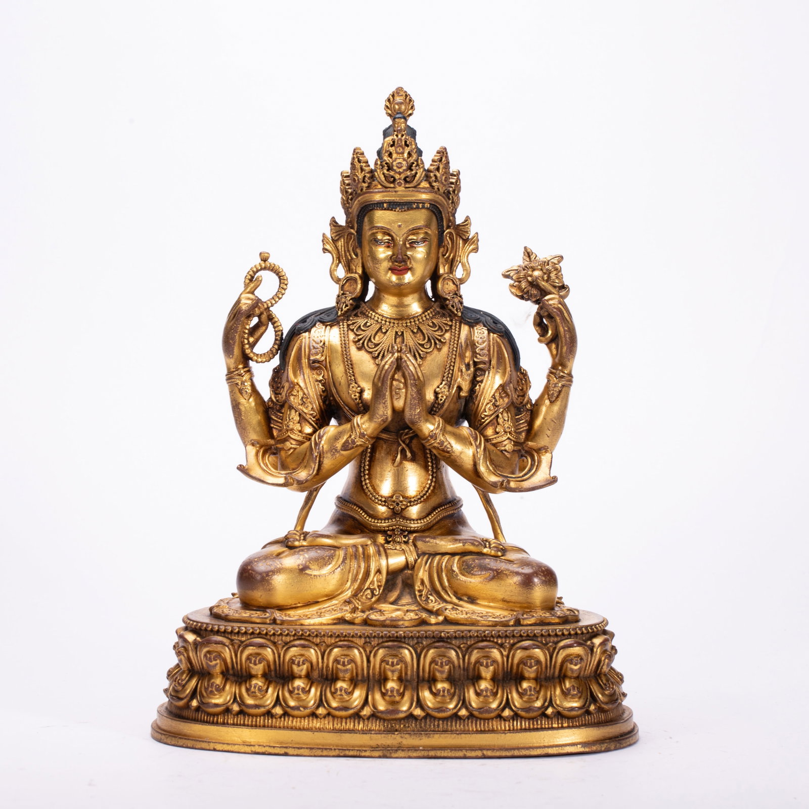 A Chinese Gilt Bronze Figure of Four-Armed Chenrezig: A Chinese Gilt Bronze Figure of Four-Armed Chenrezig (17 x 12.5 x 25cm,Weight 2820 grams)