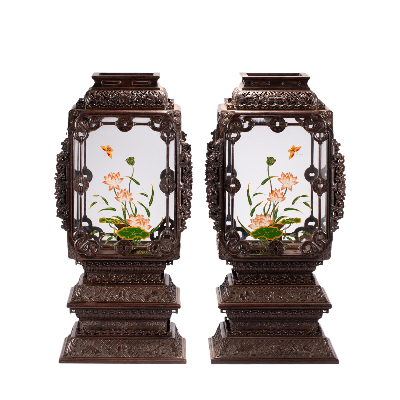 A Pair of Chinese Zitan Palace Lanterns: A Pair of Chinese Zitan Palace Lanterns (25 x 25 x 53cm,Weight 9100 grams)