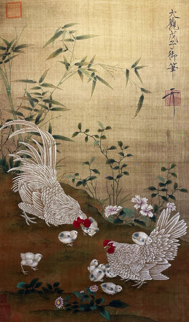 Zhao Ji mark, Chinese Hen and Chicks painting. Ink and Color on Silk, Hanging Scroll: Zhao Ji mark, Chinese Hen and Chicks painting. Ink and Color on Silk, Hanging Scroll (112 x 67cm)
