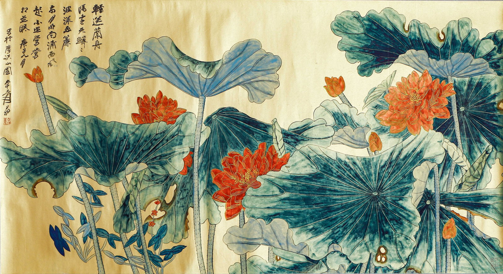 A CHINESE PAINTING OF LOTUS, SIGNED ZHANG DAQIAN: A CHINESE PAINTING OF LOTUS, SIGNED ZHANG DAQIAN (94 x 178cm)