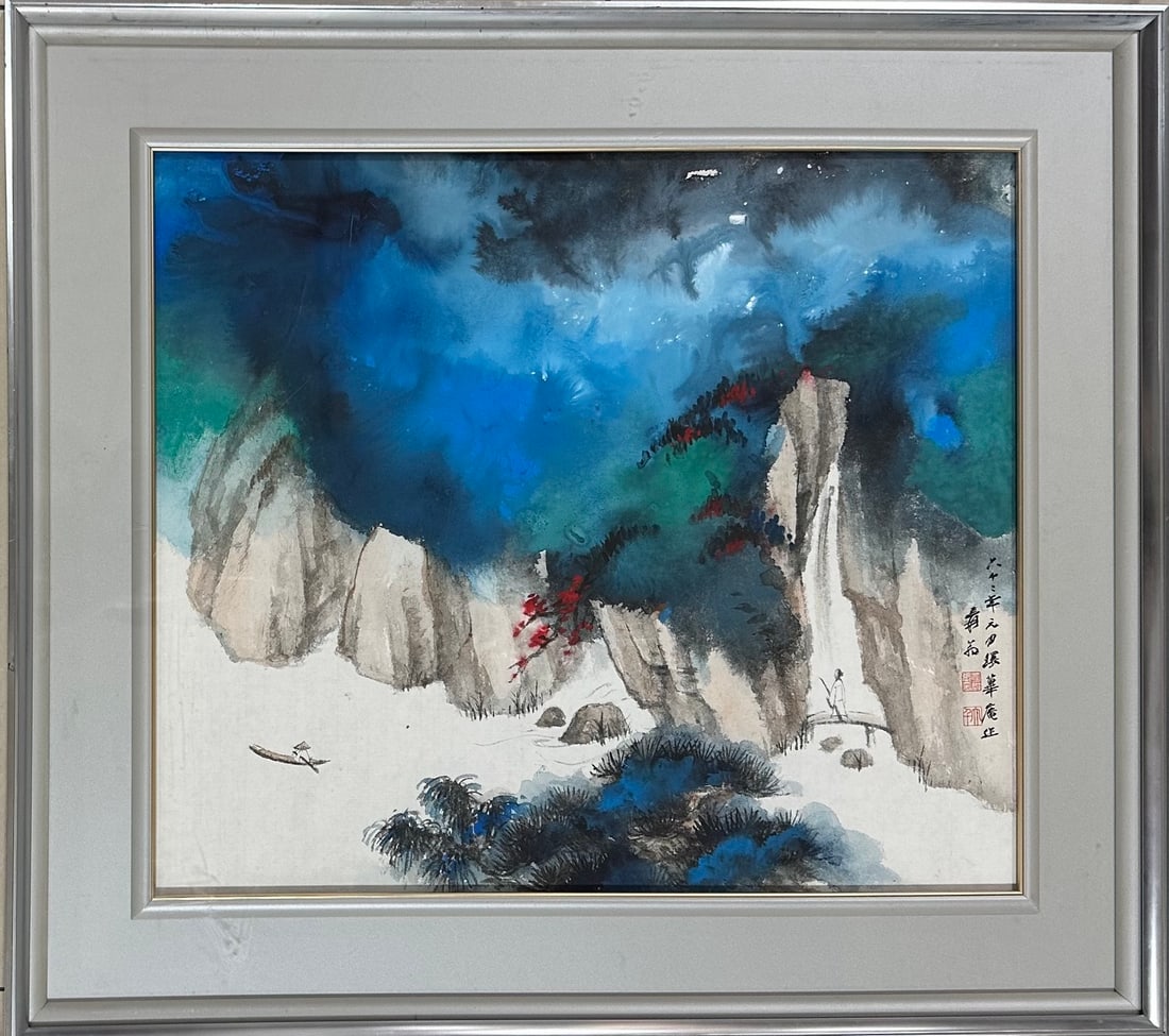 Chinese Drawing Colored Landscape Painting Wood Frame,Zhang Daqian Mark: Chinese Drawing Colored Landscape Painting Wood Frame,Zhang Daqian Mark (53 x 45cm)