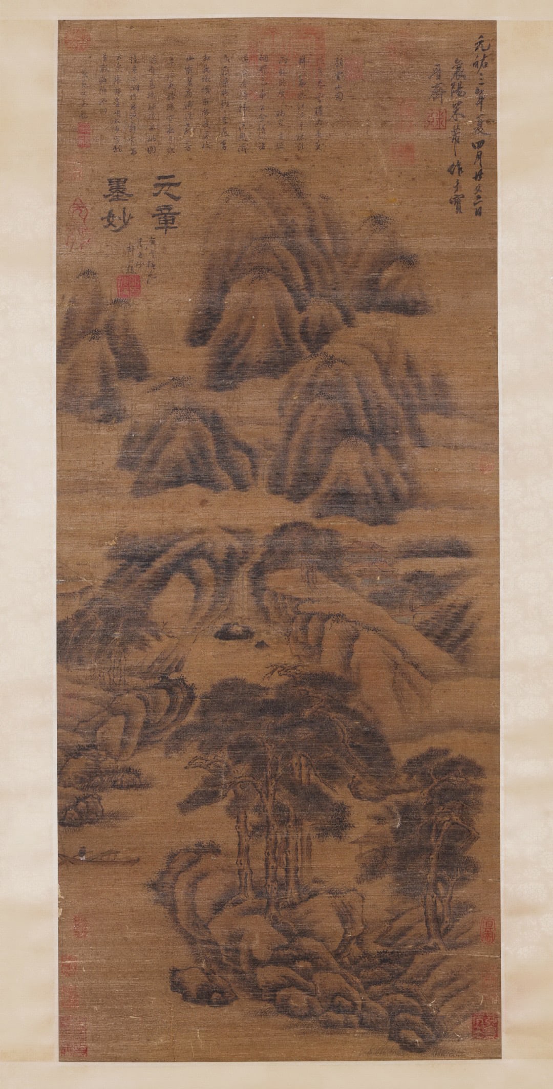 Mi Fu mark, Chinese Landscape painting. Ink and Color on Silk, Hanging Scroll (1 of 8)