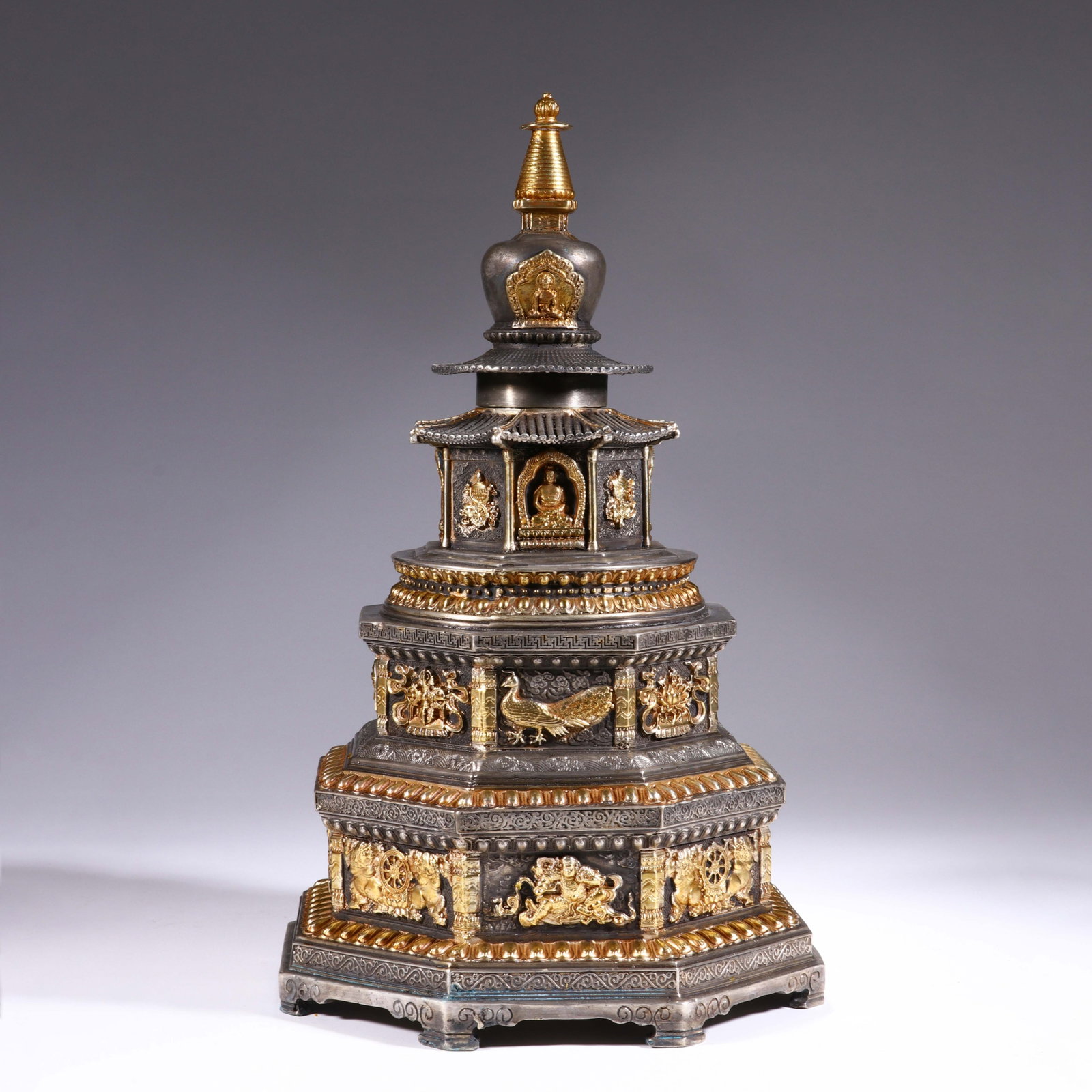 A Chinese Gilt Silver Bronze Stupa: A Chinese Gilt Silver Bronze Stupa (37.5 x 22cm)