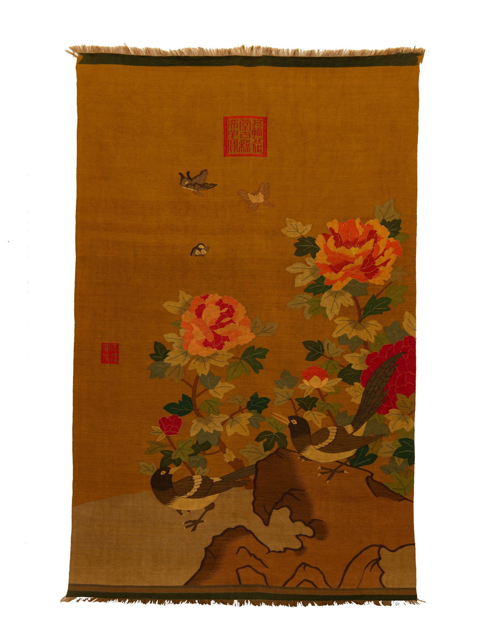 A Chinese Kesi Magpie and Peony Panel: A Chinese Kesi Magpie and Peony Panel (107 x 67cm)