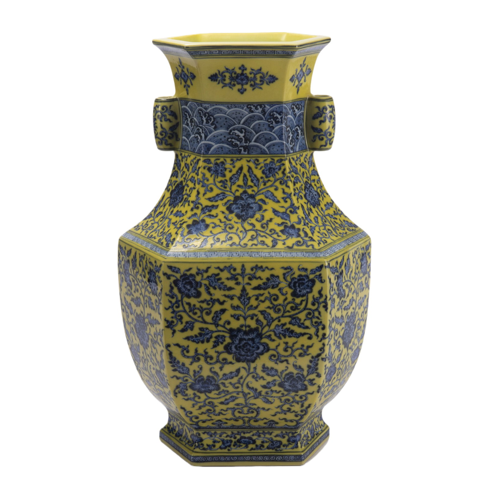 A CHINESE YELLOW GROUND AND UNDERGLAZE BLUE HEXAGONAL VASE: A CHINESE YELLOW GROUND AND UNDERGLAZE BLUE HEXAGONAL VASE (21 x 49.5cm,Weight 7680 grams)