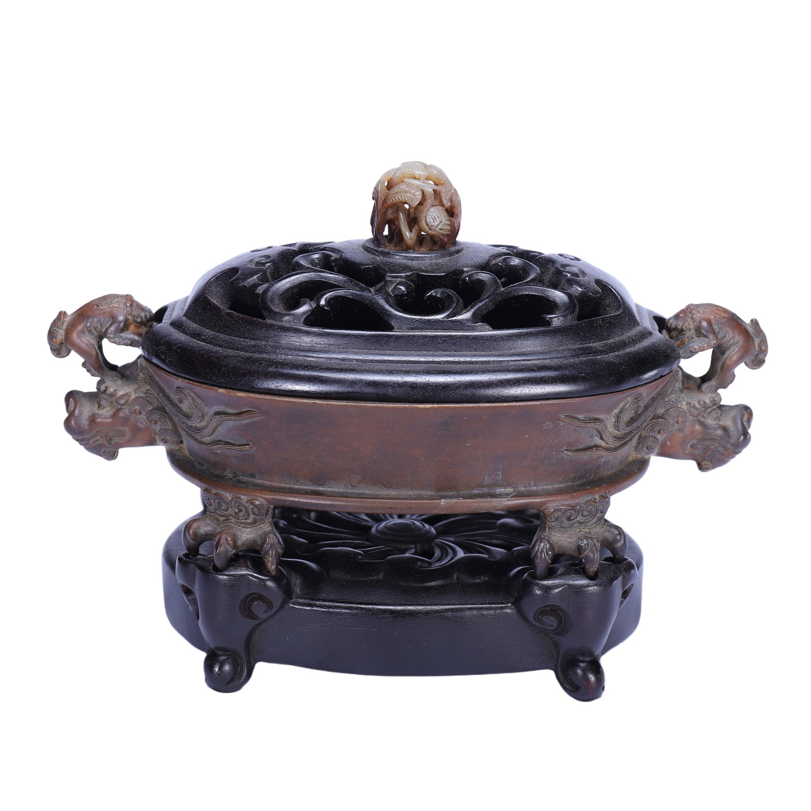 A Chinese Bronze Censer with Zitan Cover & Jade Finial: A Chinese Bronze Censer with Zitan Cover & Jade Finial (20 x 11 x 14cm,Weight 1550 grams)