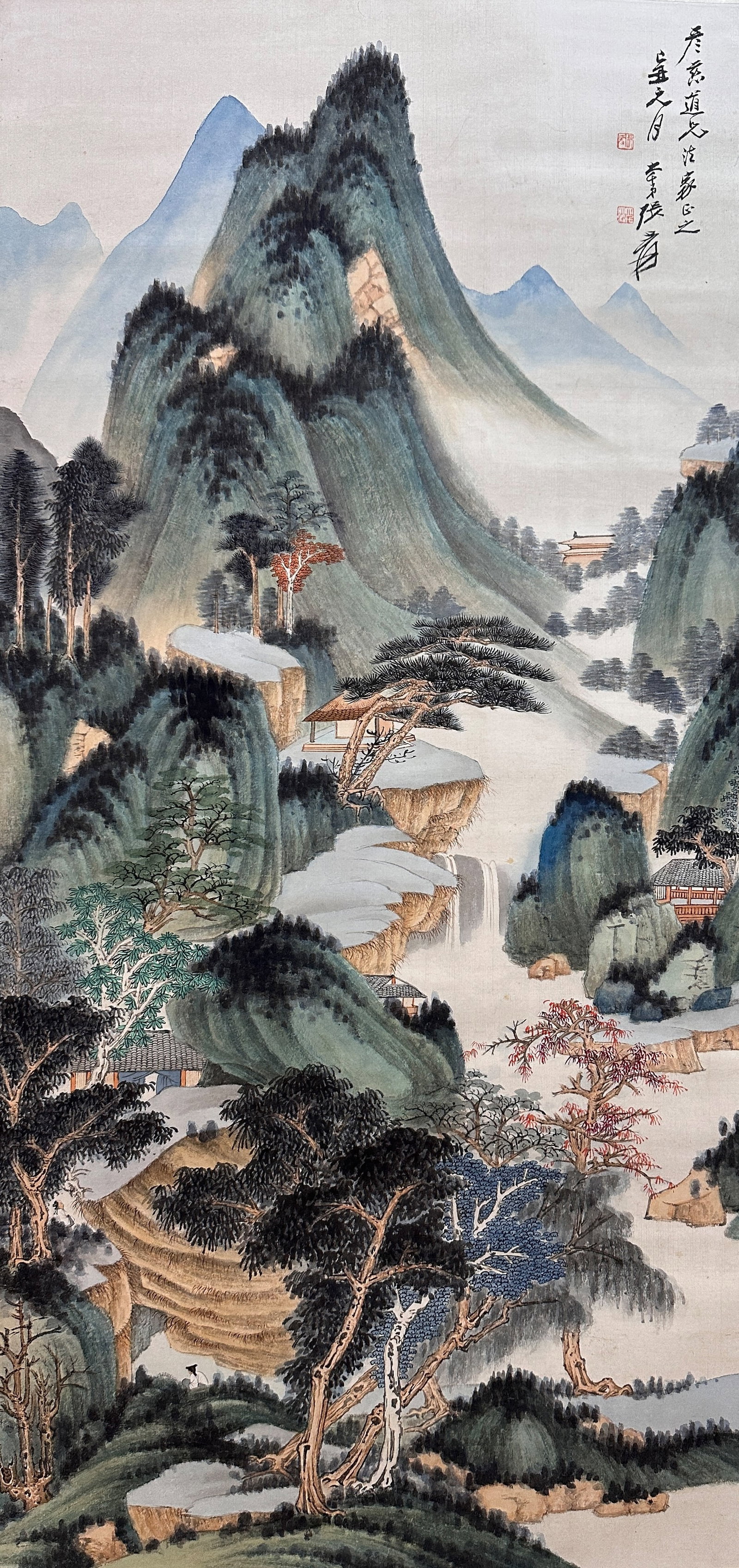 Zhang Daqian mark, Chinese Landscape painting. Ink and Color on Paper, Hanging Scroll: Zhang Daqian mark, Chinese Landscape painting. Ink and Color on Paper, Hanging Scroll (125 x 60cm)