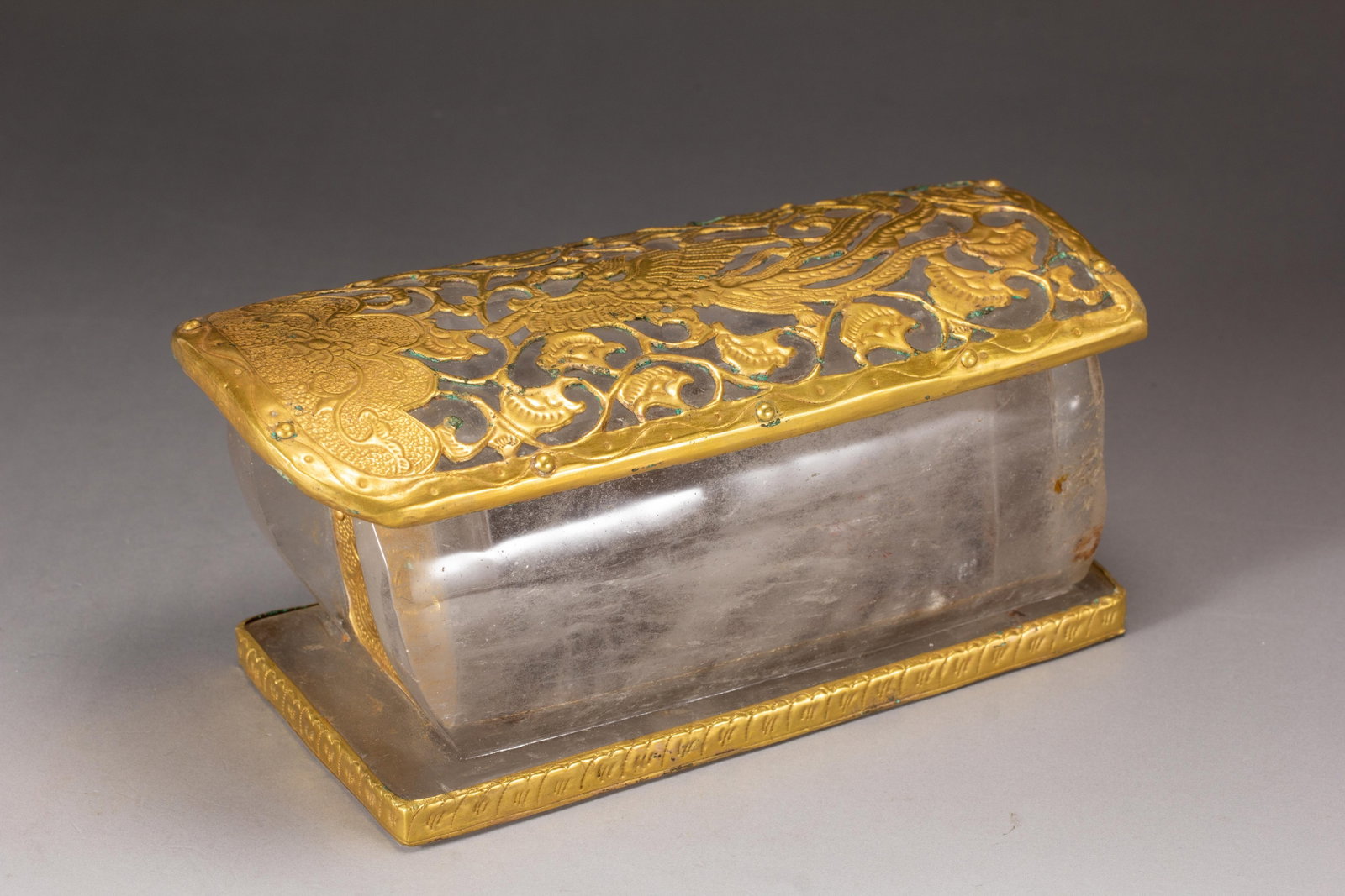 A Chinese Gilt Mounted Crystal Relic Casket: A Chinese Gilt Mounted Crystal Relic Casket (17.6 x 8 x 8.5cm,Weight 1510 grams)