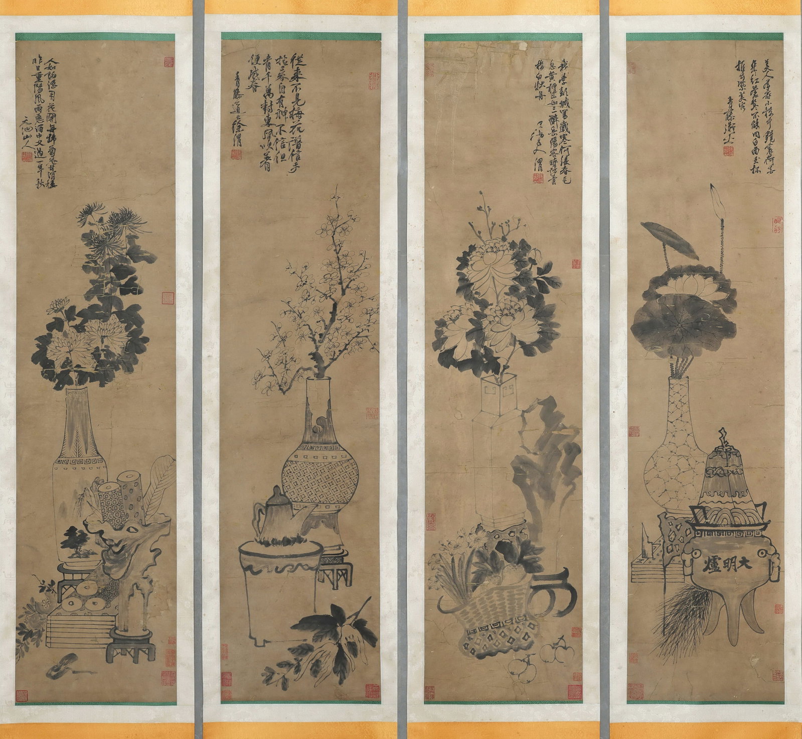 Xu Wei mark, Four Chinese Furnishings paintings. Ink on Paper, Hanging Scroll: Xu Wei mark, Four Chinese Furnishings paintings. Ink on Paper, Hanging Scroll (137 x 34cm)