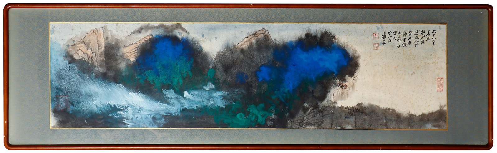 Chinese Drawing Colored Landscape Painting Wood Frame,Zhang Daqian Mark: Chinese Drawing Colored Landscape Painting Wood Frame,Zhang Daqian Mark ?169 x 48cm?